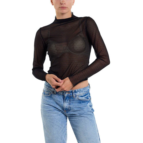 Dotted Tulle Mockneck Top | Black