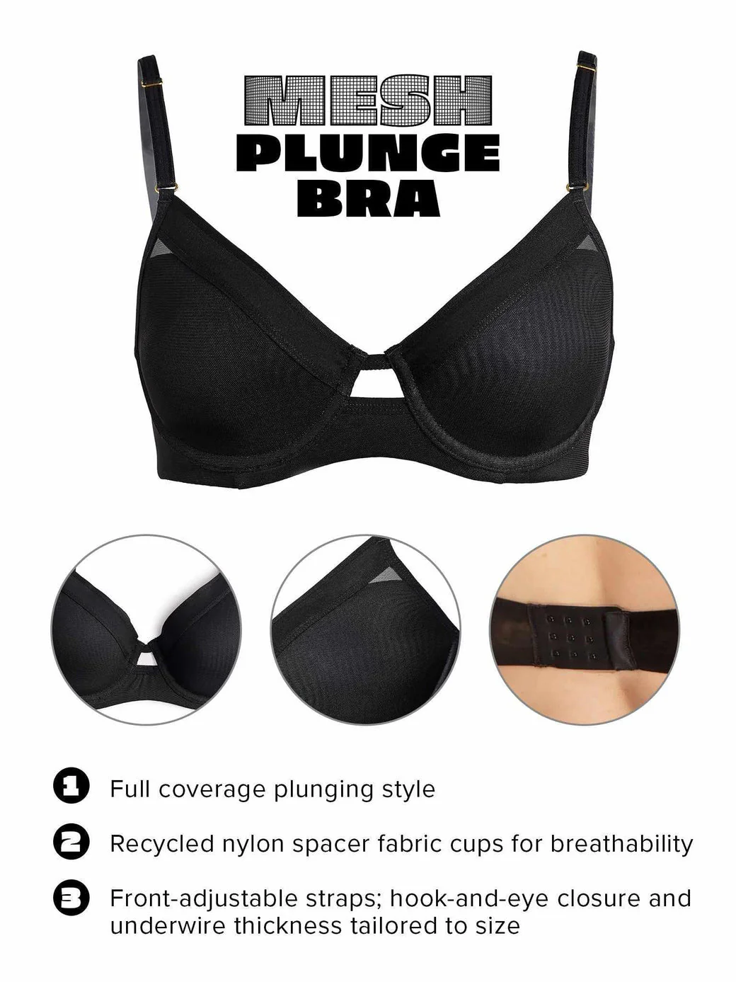 Lined Mesh Plunge Bra | Black - Image 3