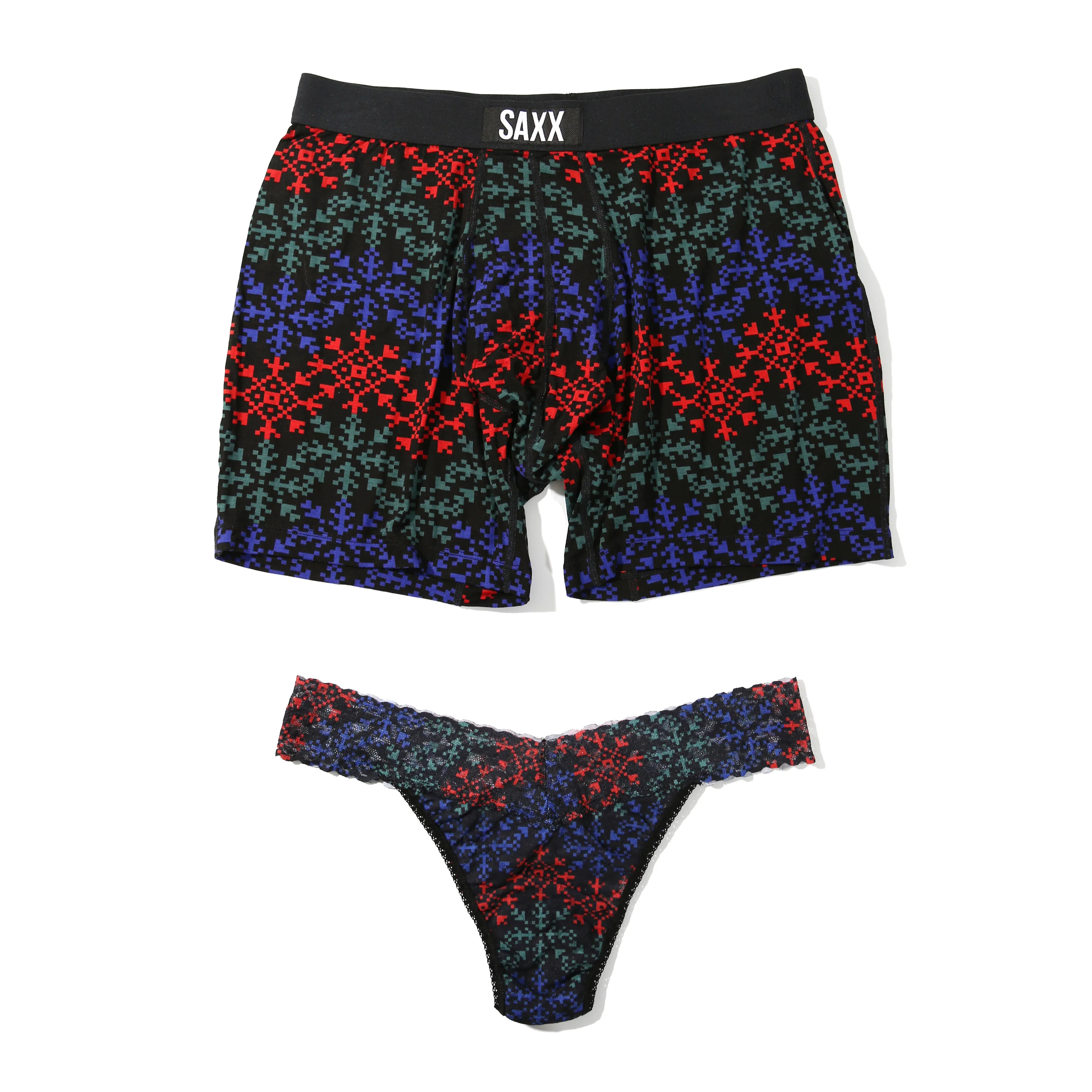 Signature Lace Original Rise Thong & Saxx Boxer Brief | Snow Flake Chevron (Black)