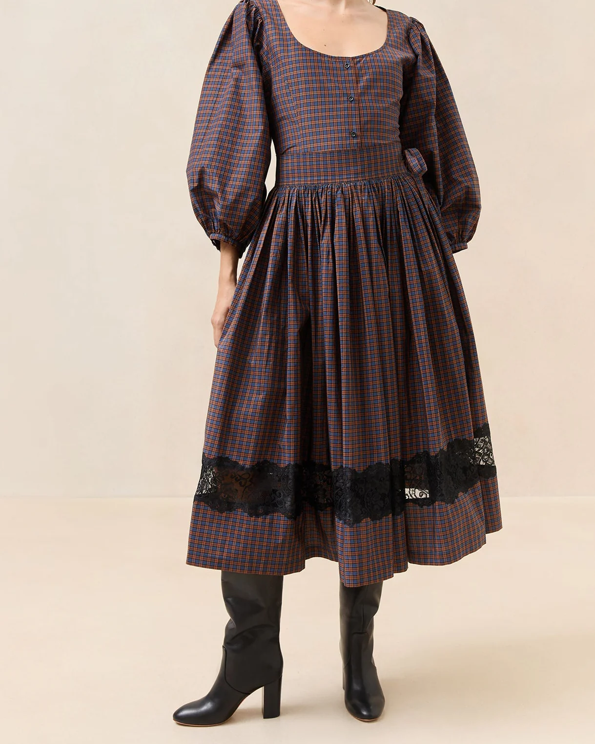 Aylee Lace Inlay Skirt | Navy/Rust Plaid/Black