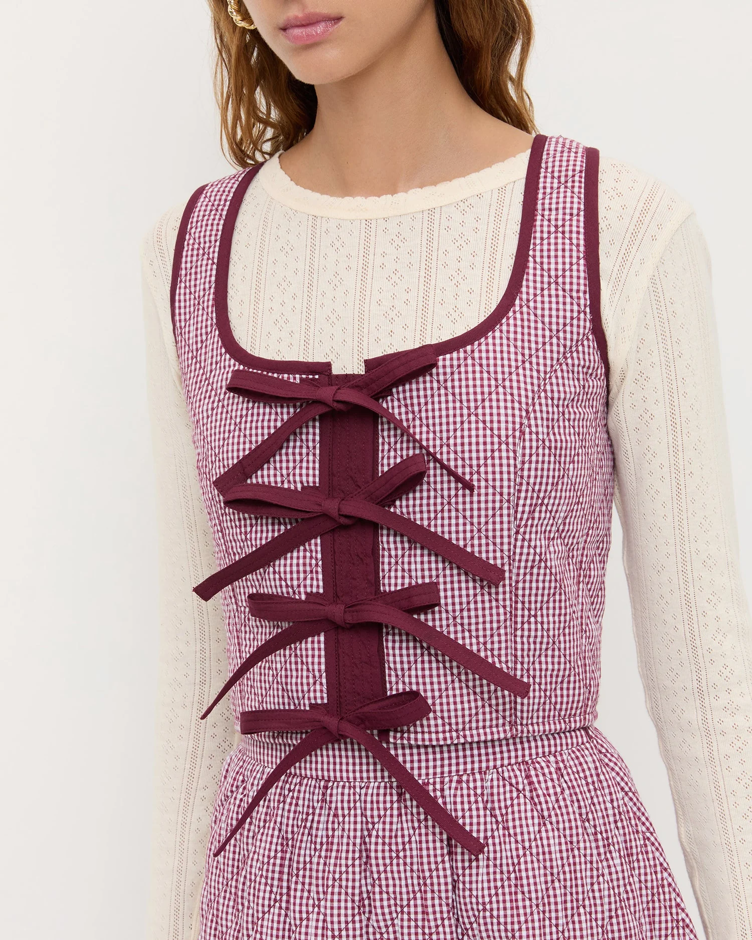 Callista Tie-Front Vest | Maroon Gingham - Image 4