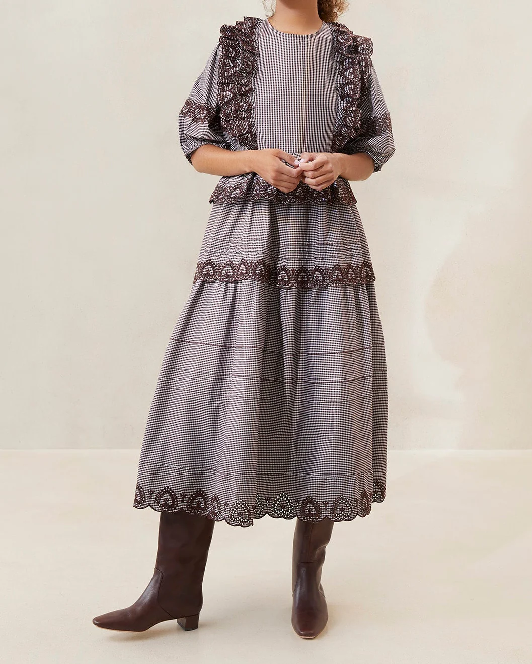 Ivee Heart Broderie Dress | Brown/Cream Plaid