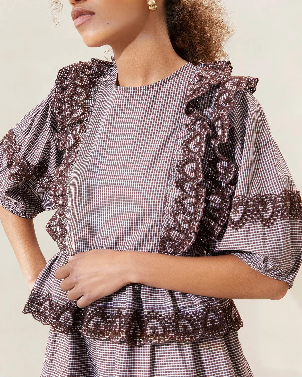 Ivee Heart Broderie Dress | Brown/Cream Plaid - Image 2