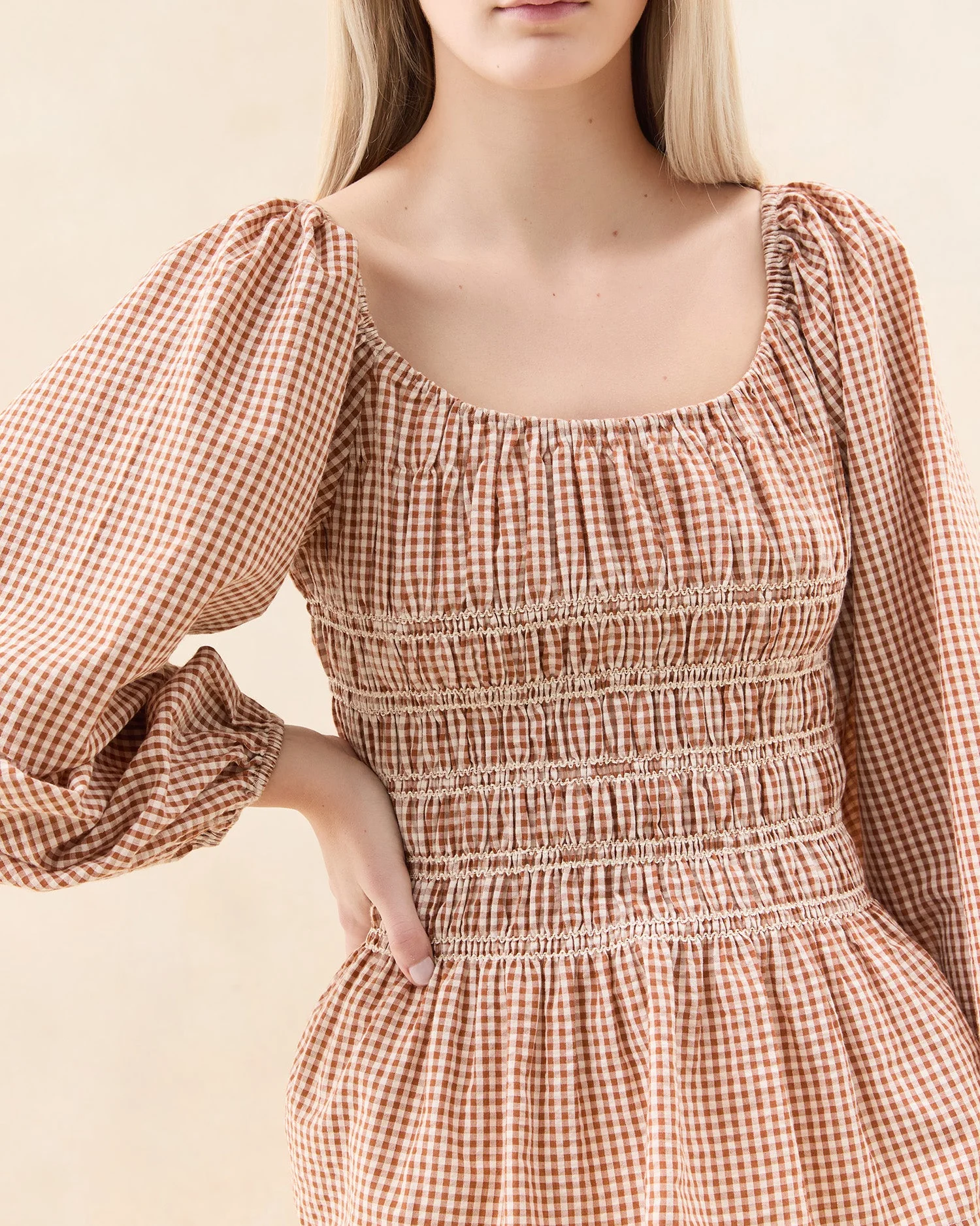 Julietta Gathered Top | Brown Gingham - Image 2