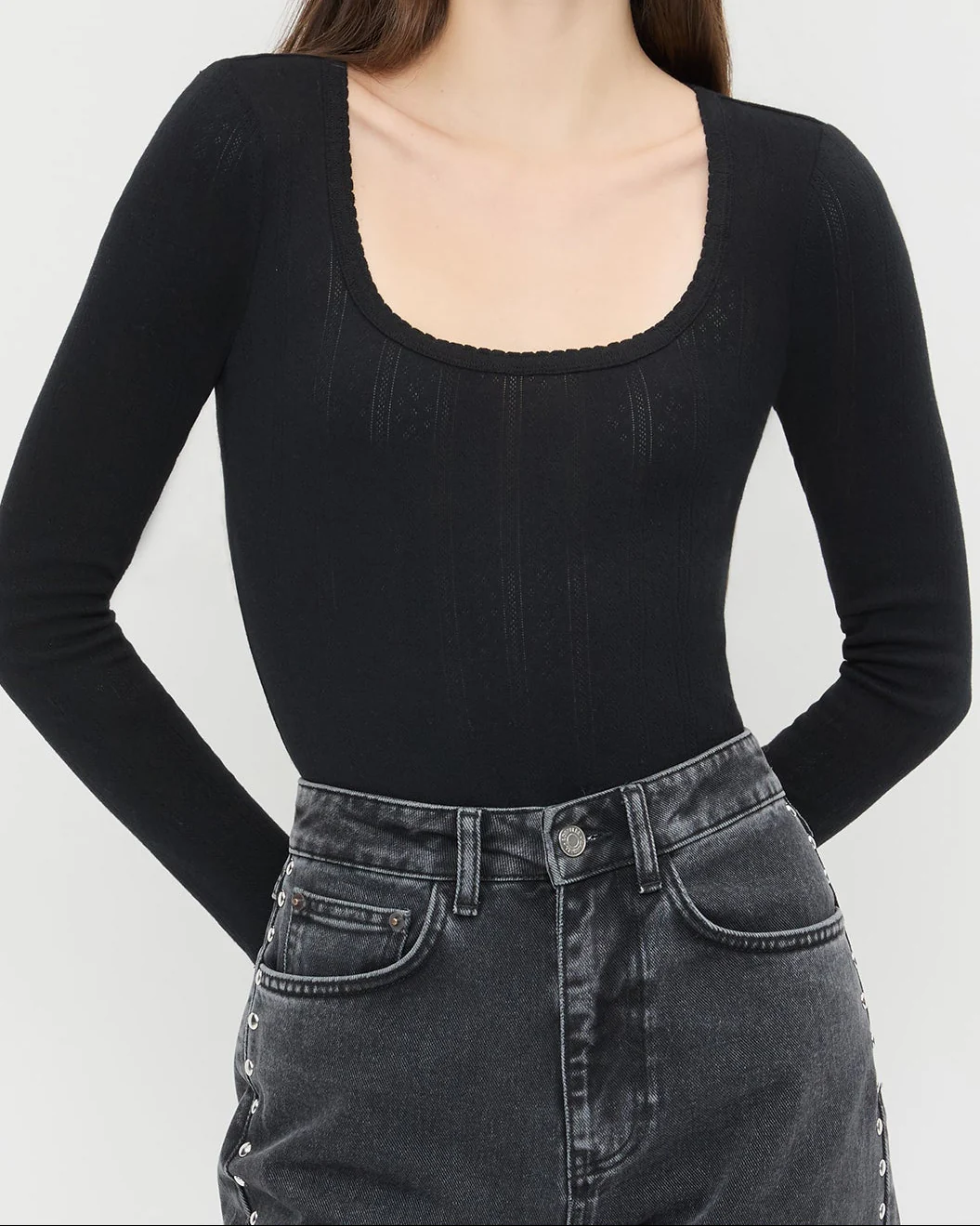 Kaya Pointelle Long-Sleeve Bodysuit | Black