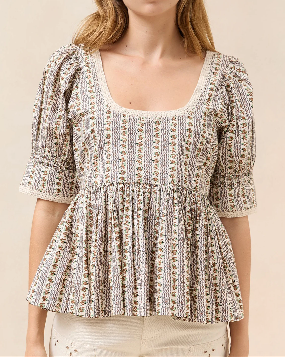 Milly Puff Sleeve Top | Pink/Cream Wavy Floral