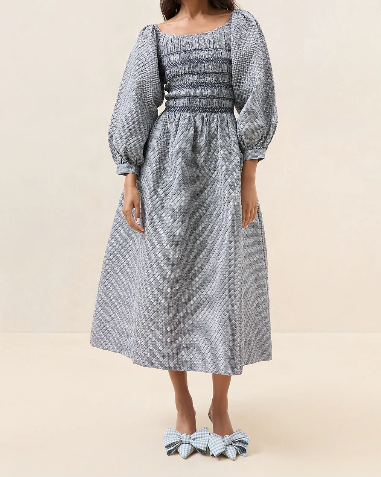 Vineta Gathered Dress | Navy/Navy Gingham