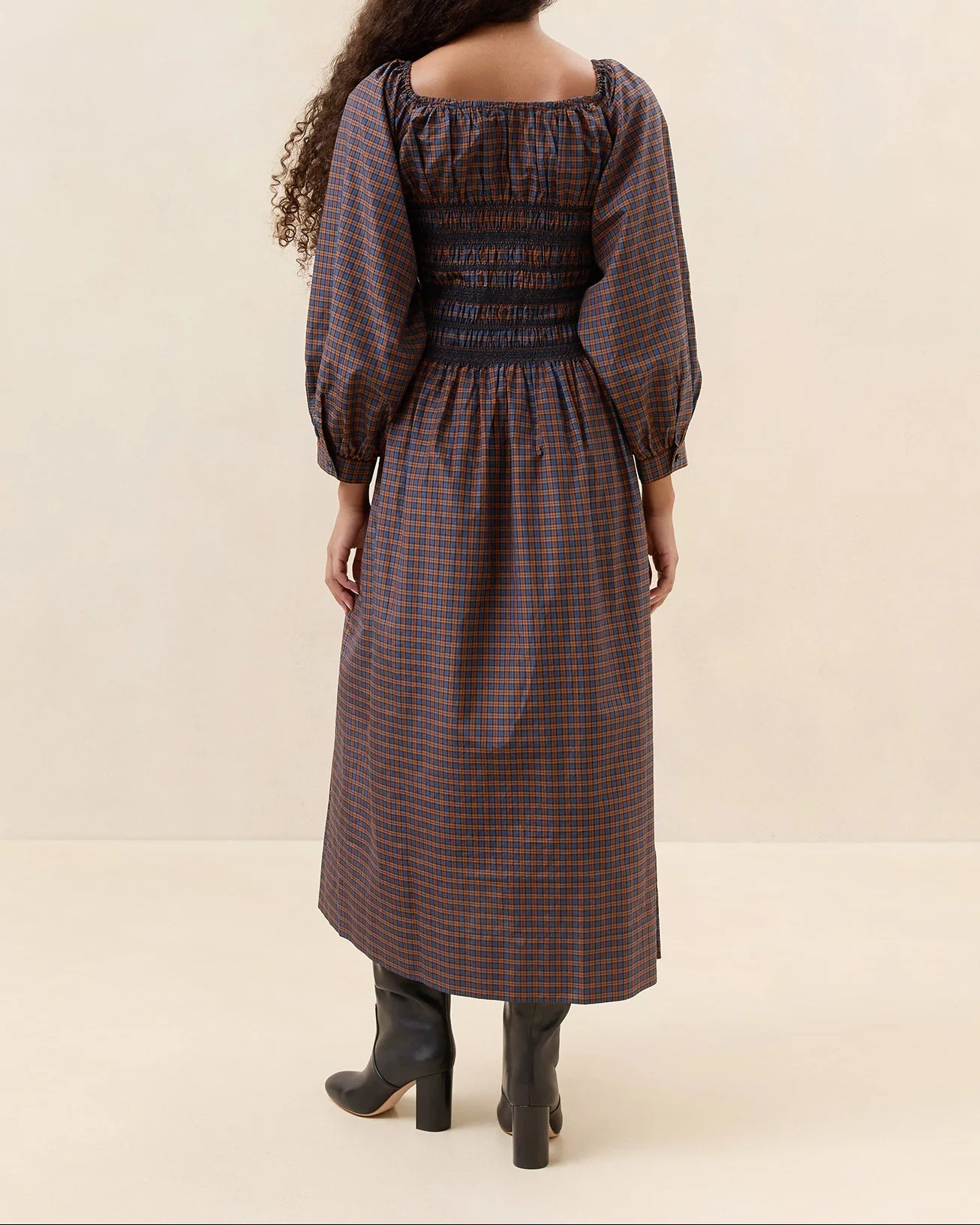 Vineta Gathered Dress | Navy/Rust Plaid - Image 3