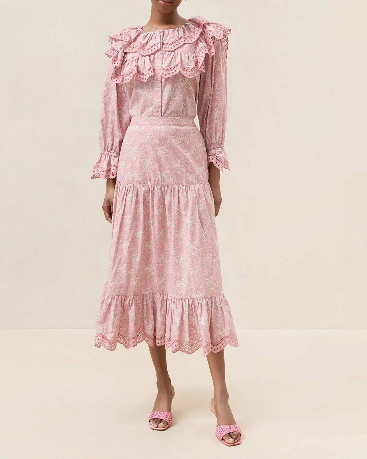 Viola Broderie Trim Midi Skirt | Pink Floral