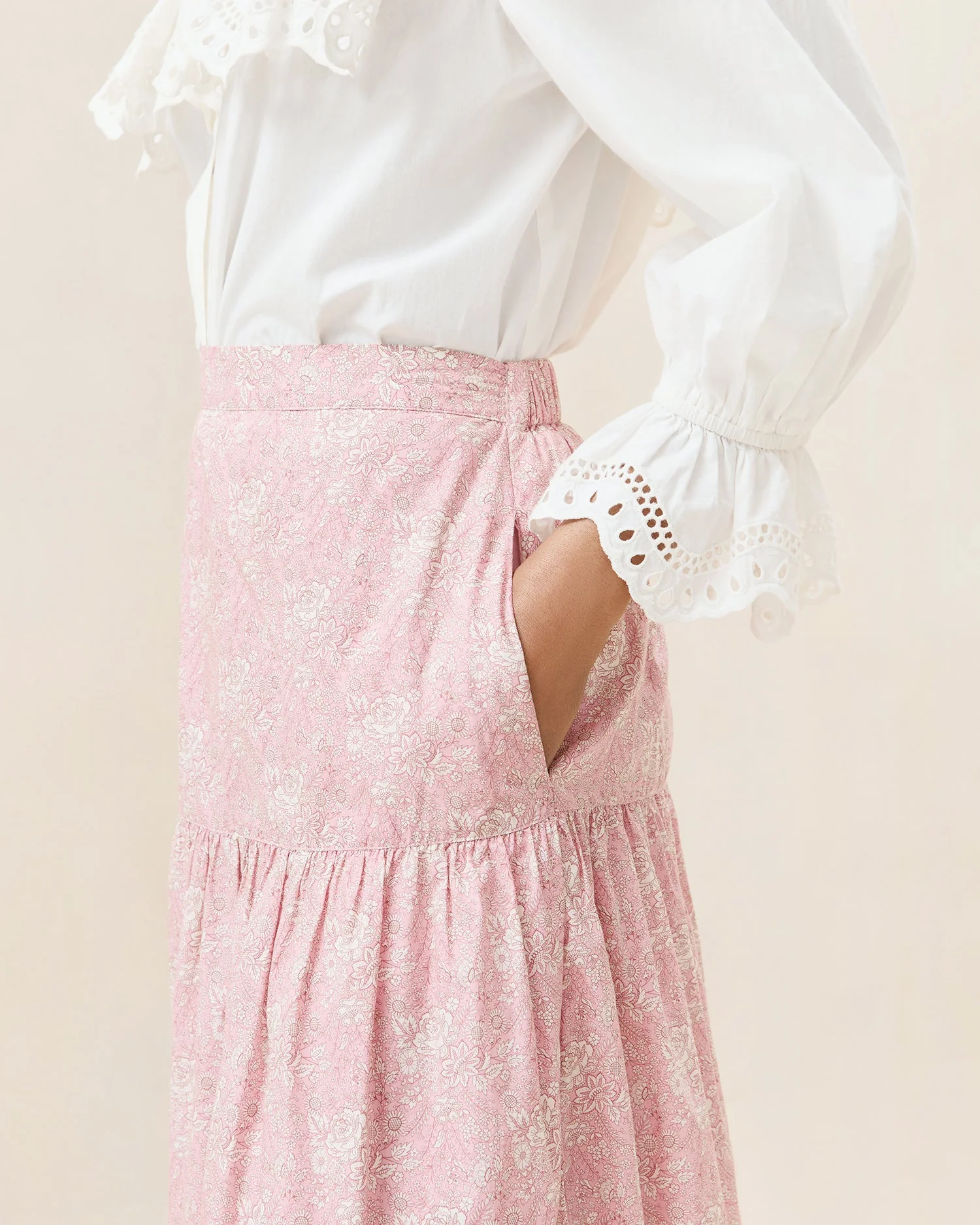 Viola Broderie Trim Midi Skirt | Pink Floral - Image 3