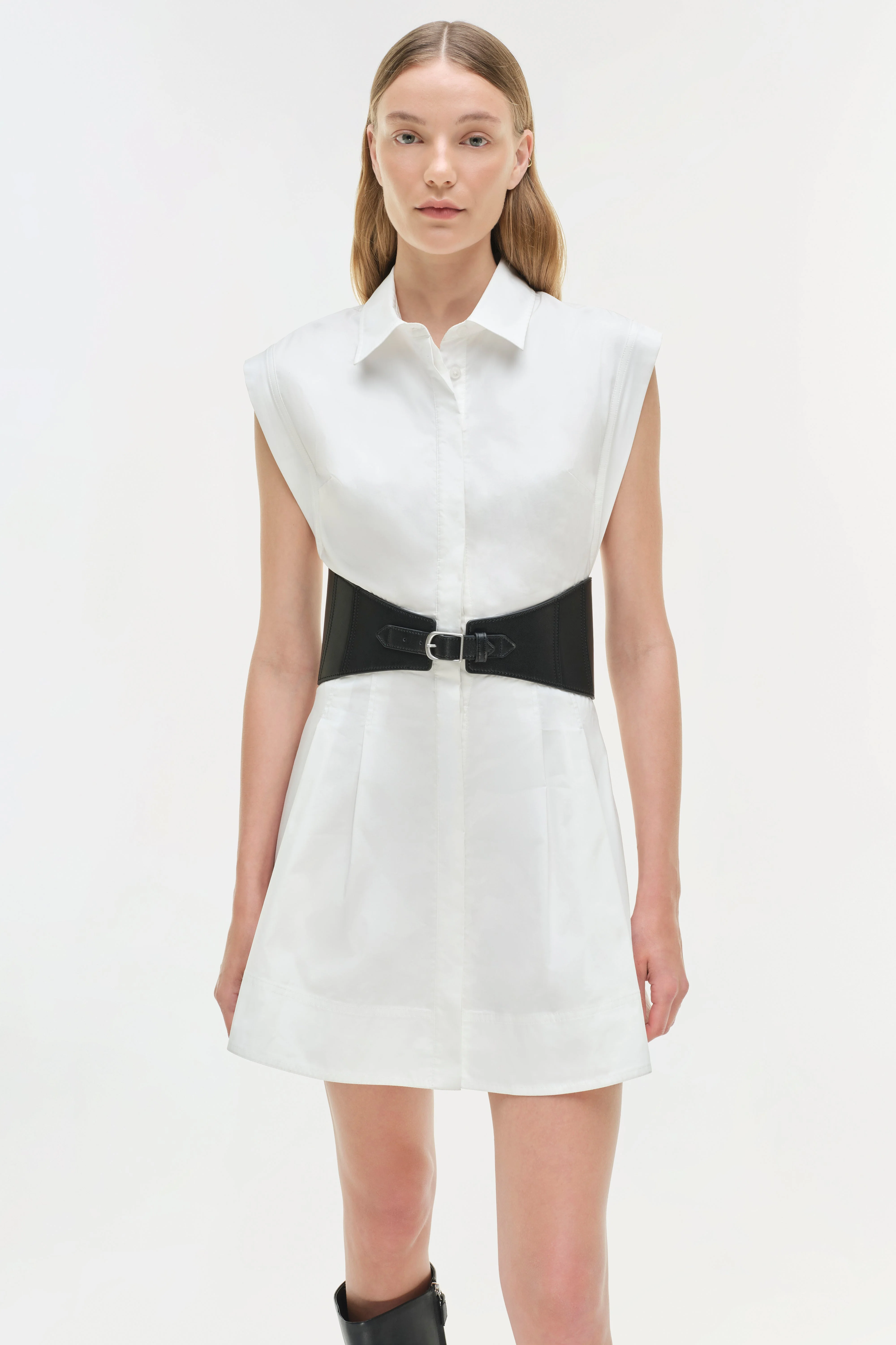 Womens | Adler Belted Cotton Mini Dress | White - Image 3