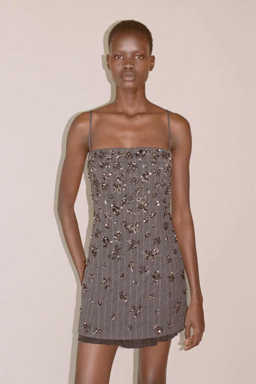 Womens | Anden Embellished Mini Dress | Charcoal Stripe - Image 2
