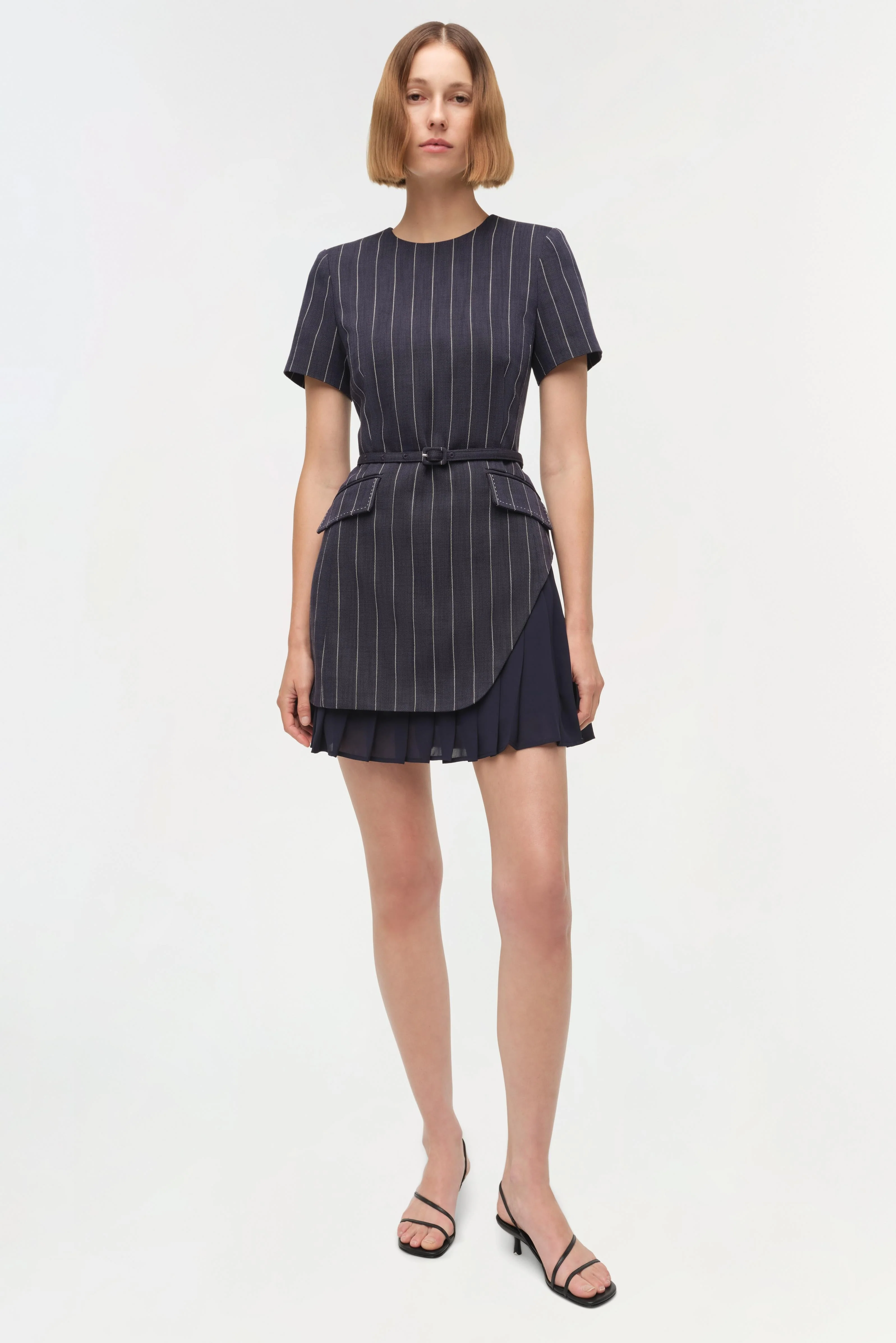 Womens | Blakely Belted Mini Dress | Midnight Stripe - Image 2