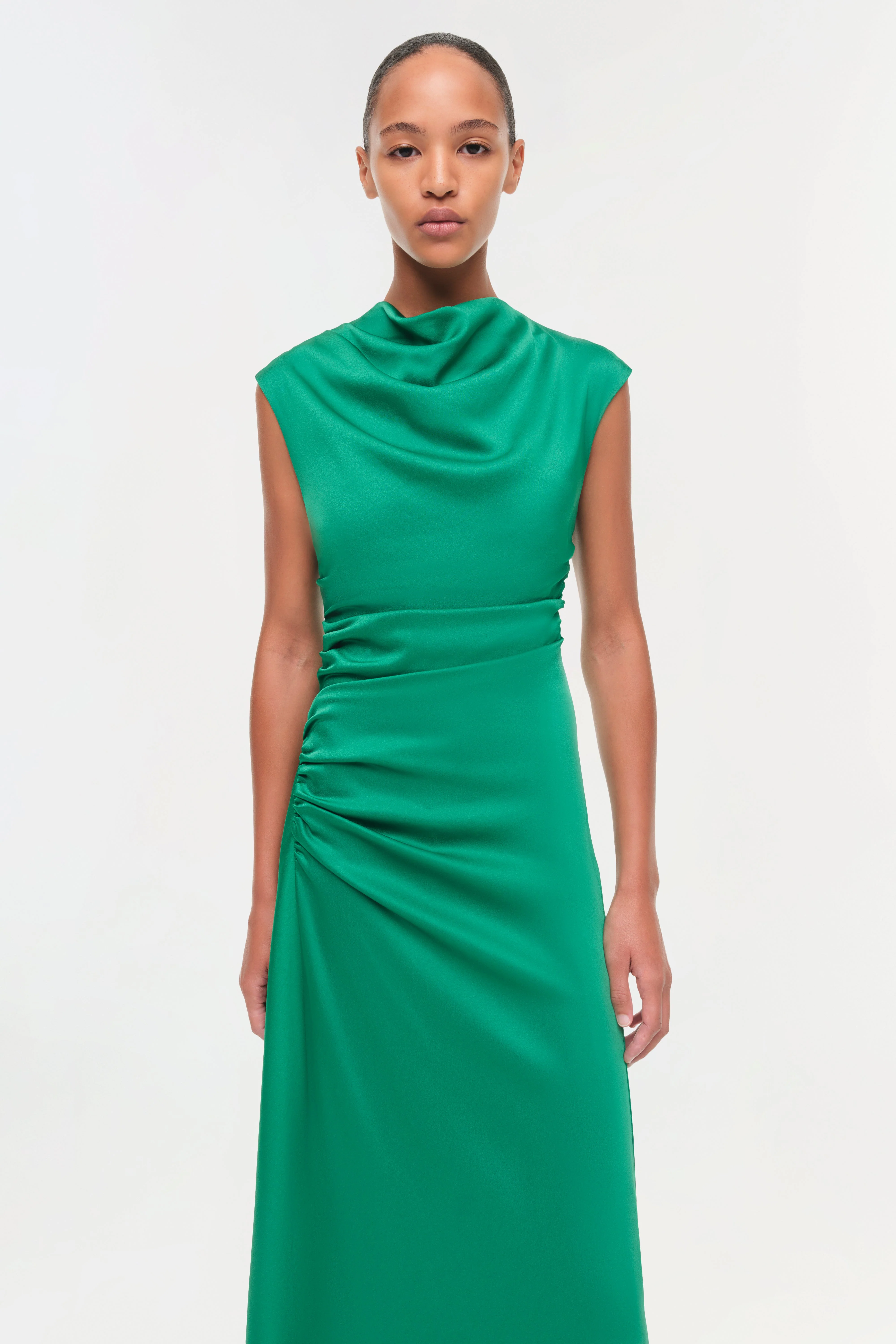 Womens | Burke Draped Satin Midi Dress | Kelly Green - Image 3