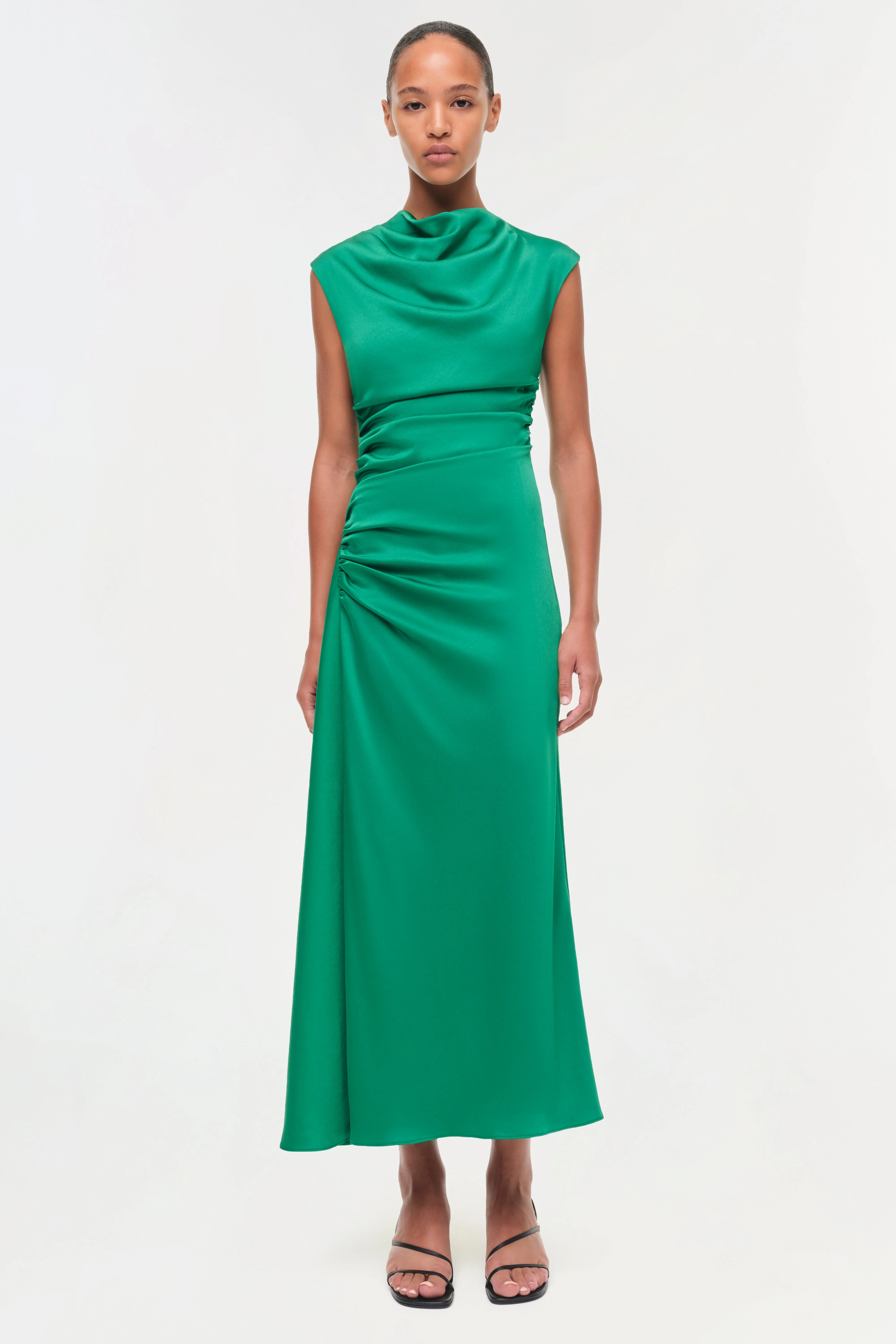 Womens | Burke Draped Satin Midi Dress | Kelly Green - Image 6
