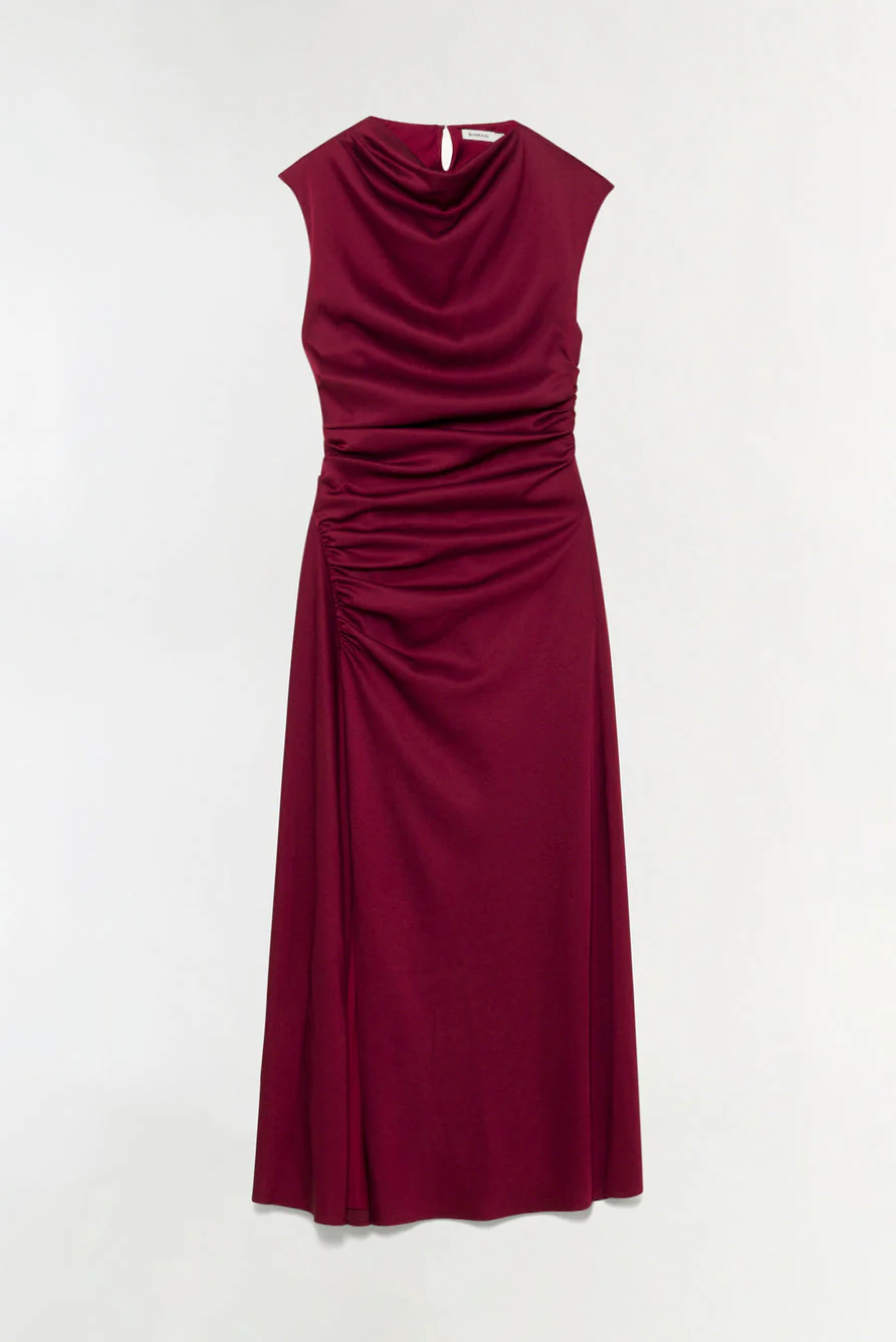 Womens | Burke Draped Satin Midi Dress | Oxblood