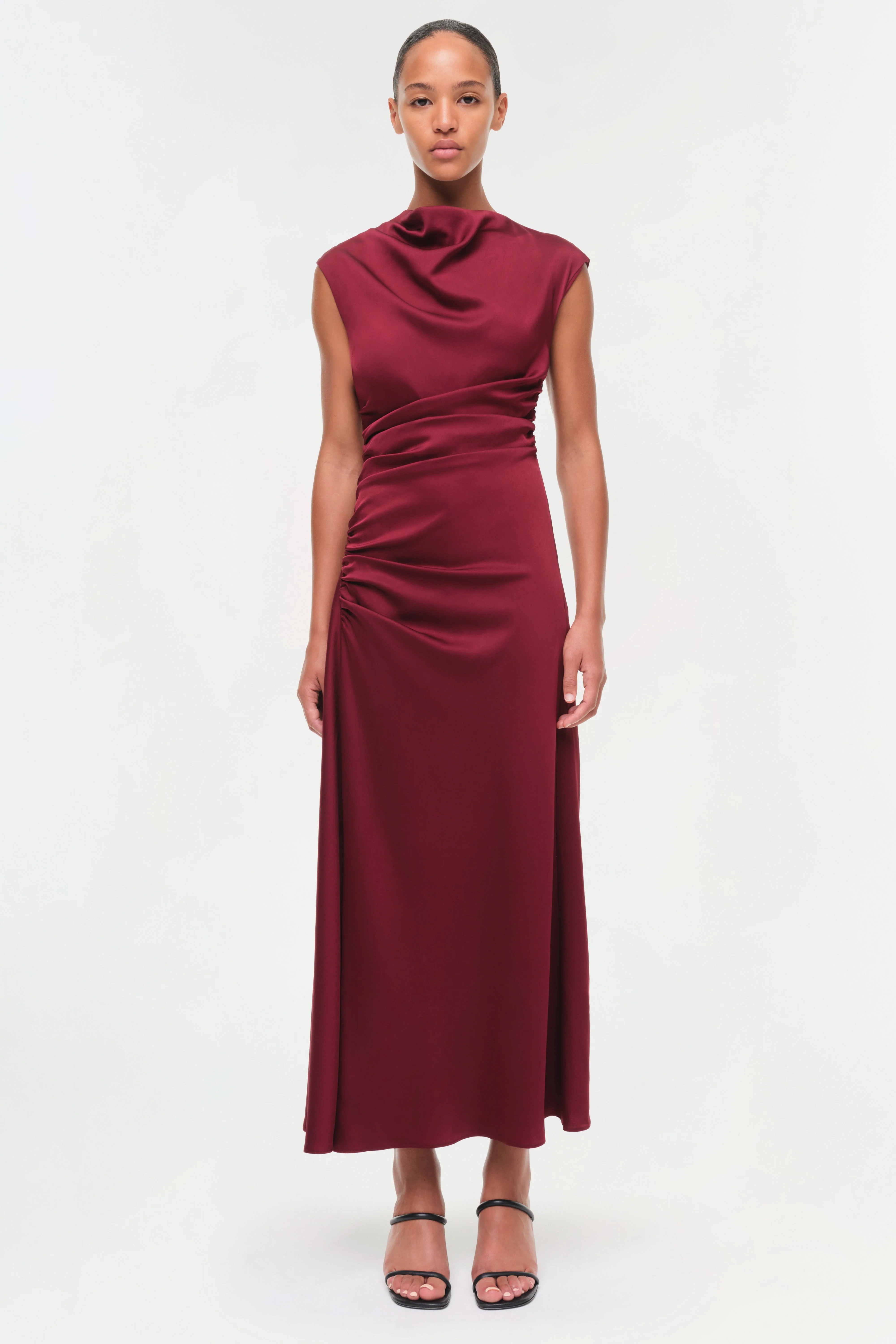 Womens | Burke Draped Satin Midi Dress | Oxblood - Image 6