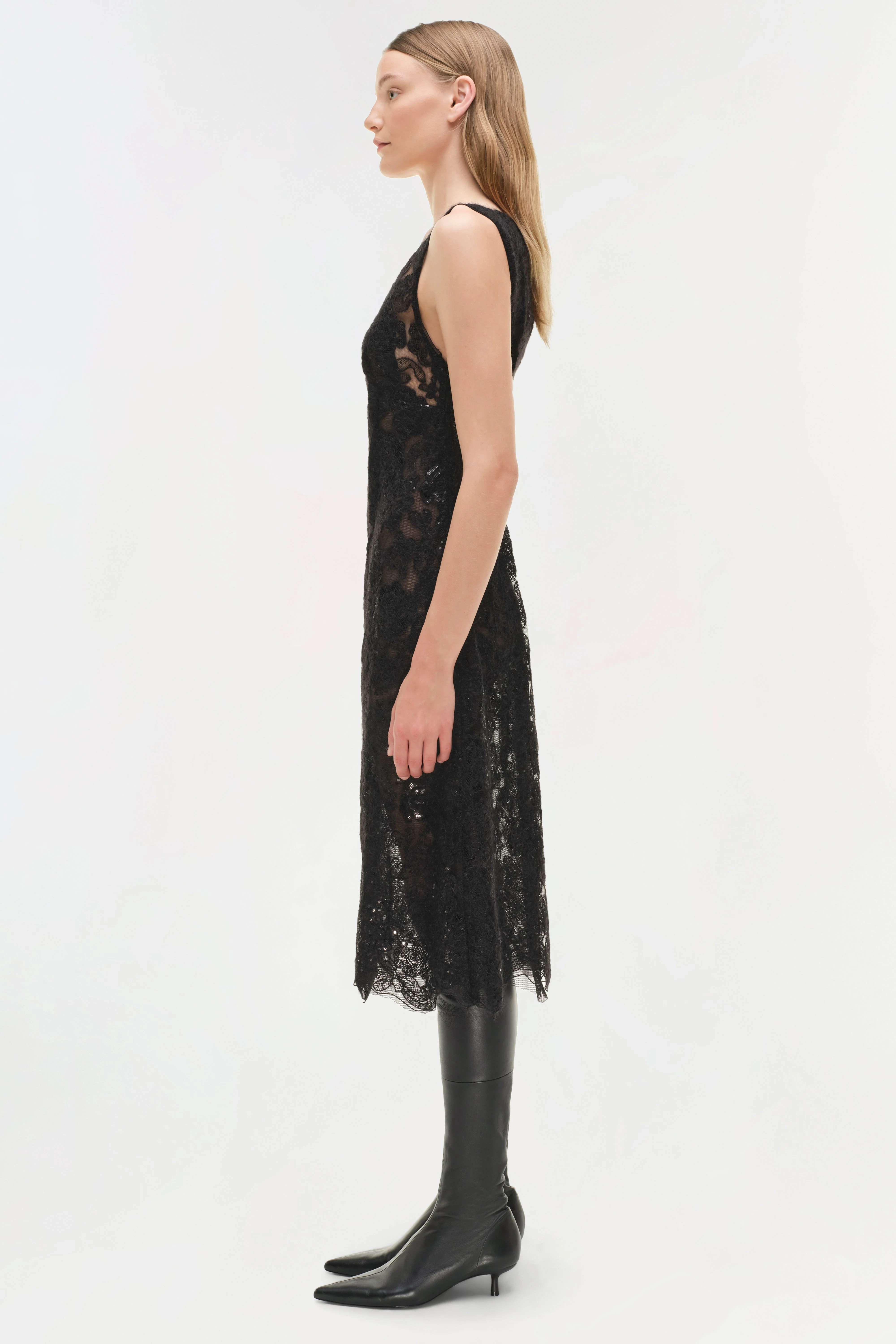 Womens | Delphine Sequin Lace Midi Dress | Black - Image 5