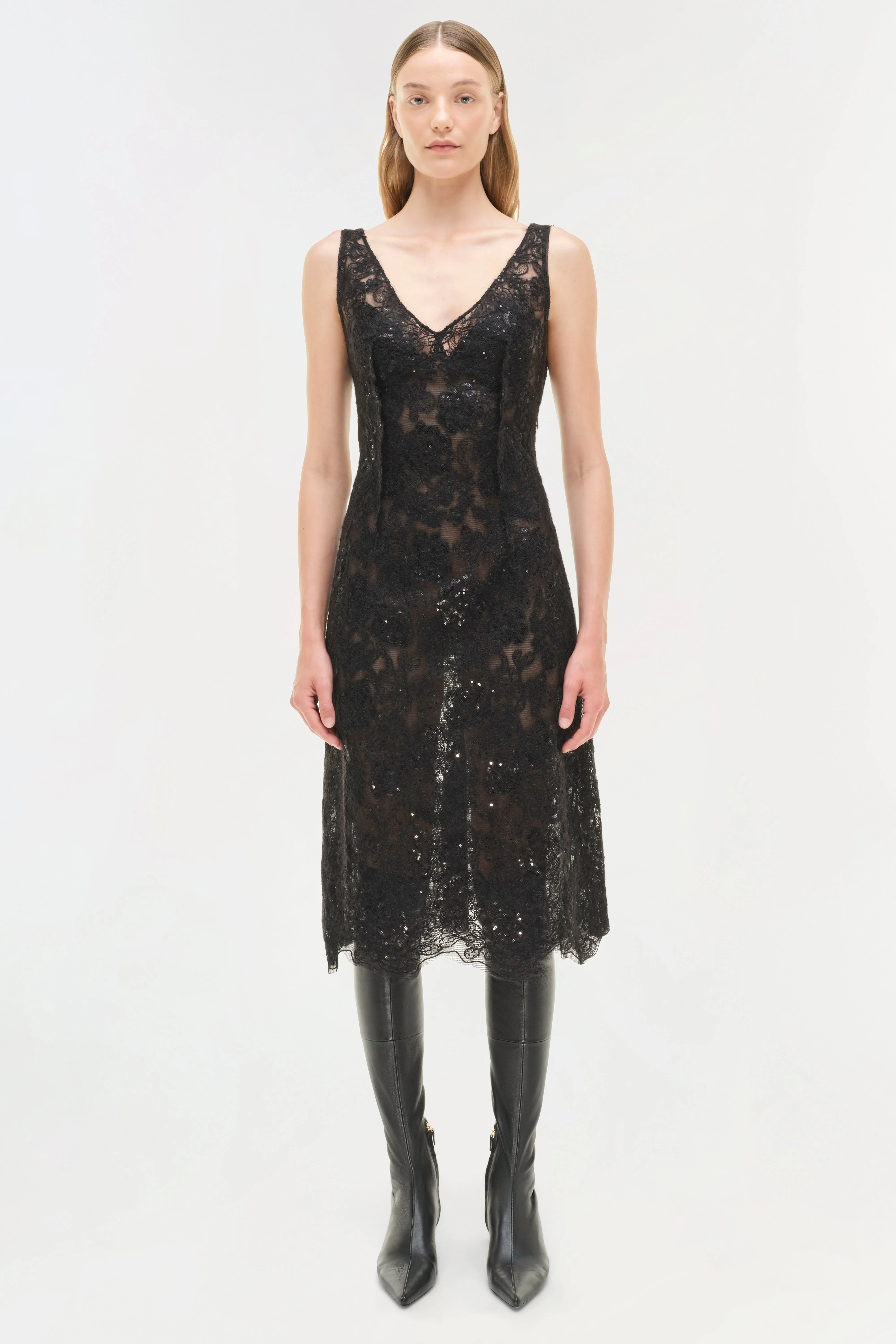 Womens | Delphine Sequin Lace Midi Dress | Black - Image 7