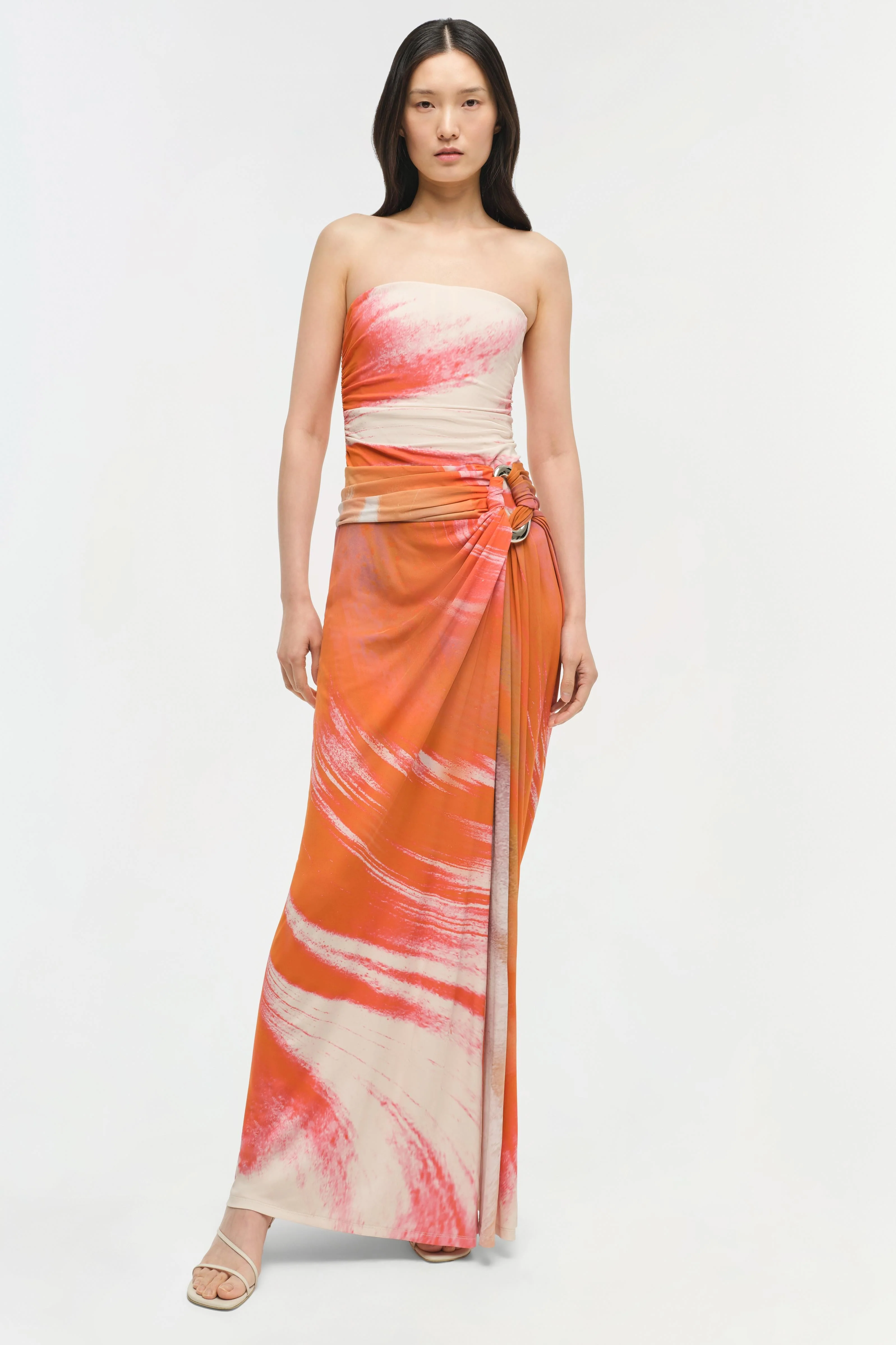 Womens | Emma Strapless Jersey Gown | Coral Marble Print - Image 2
