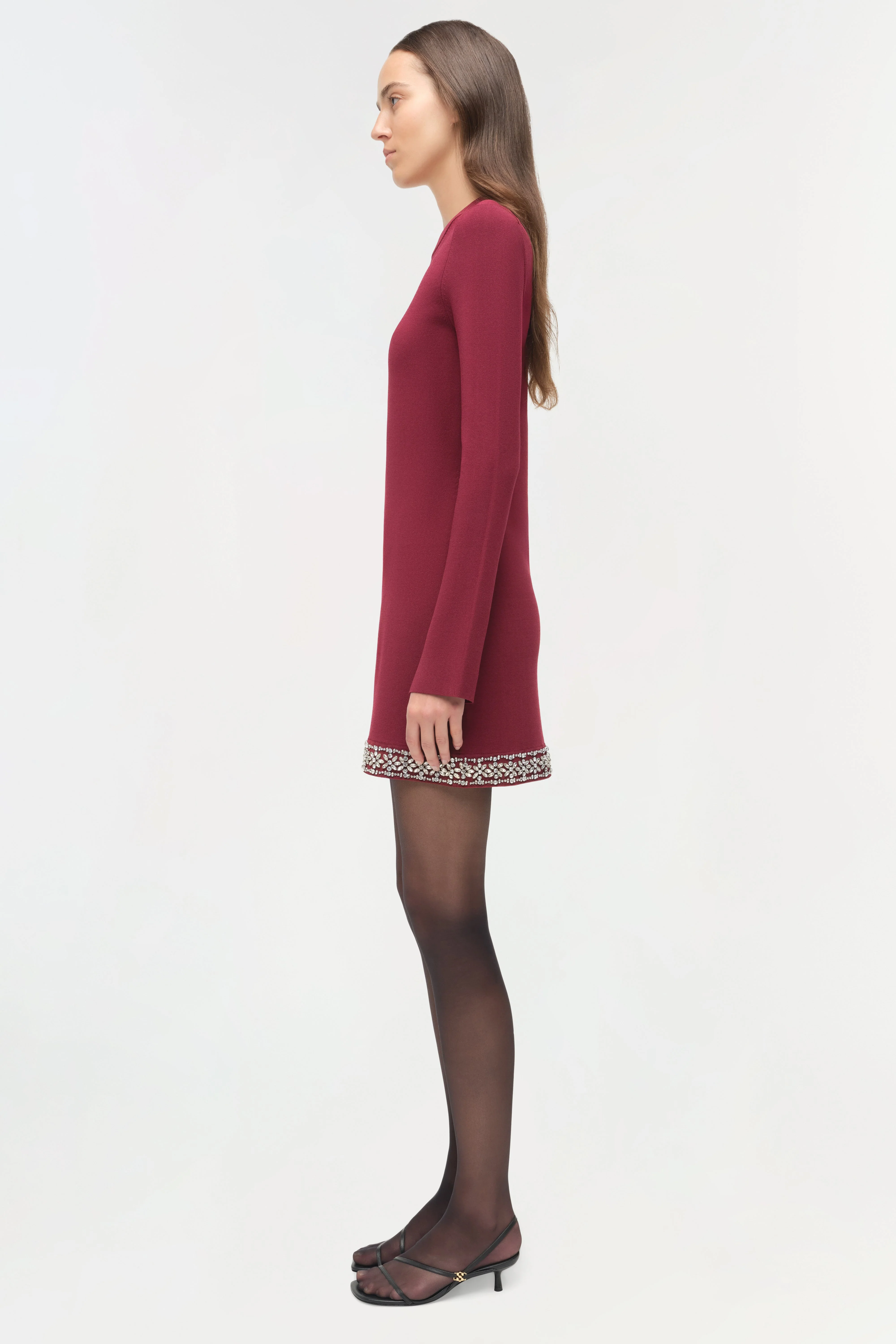Womens | Farley Embellished Knit Mini Dress | Oxblood - Image 4