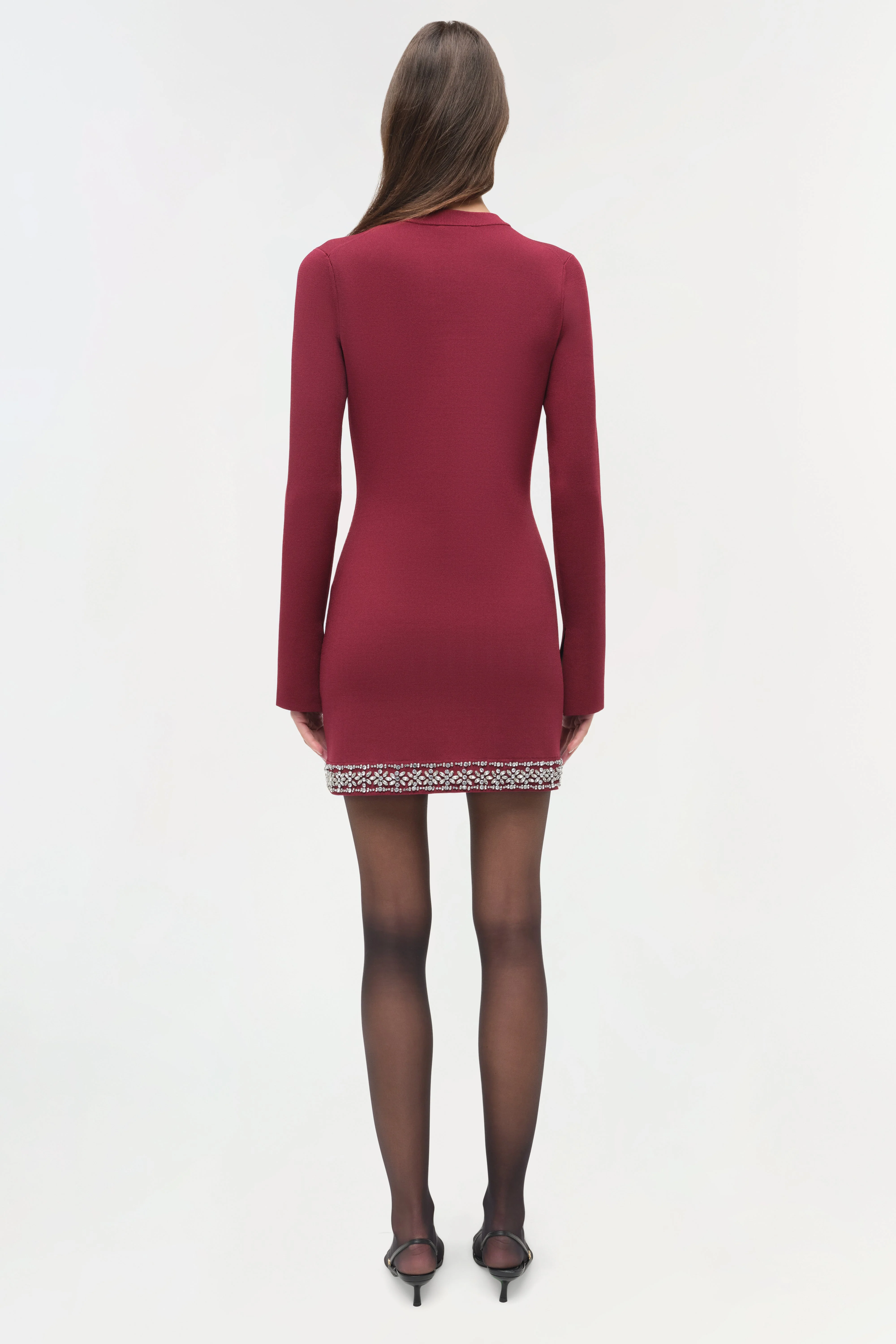 Womens | Farley Embellished Knit Mini Dress | Oxblood - Image 5