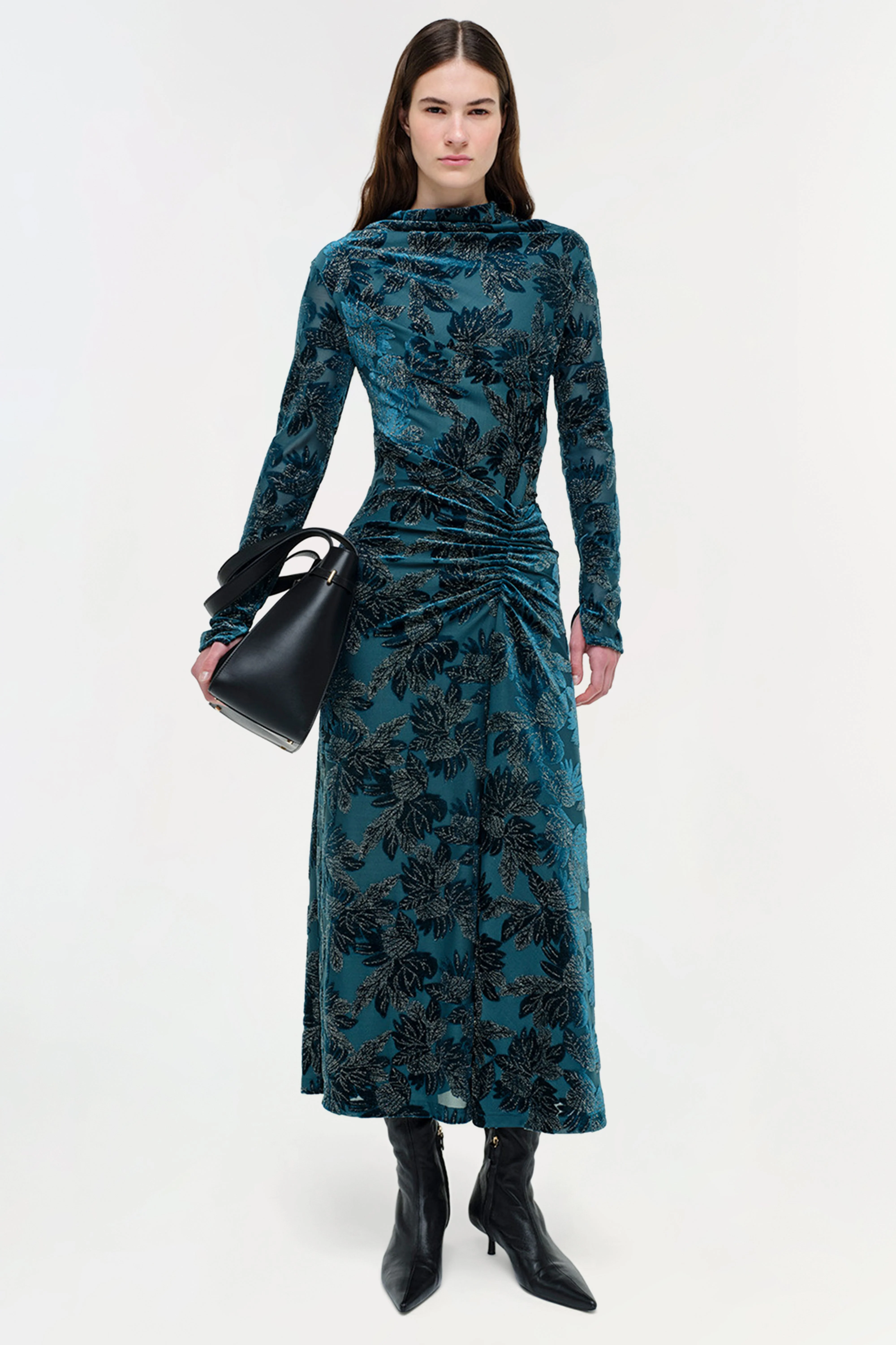 Womens | Ferrera Floral Velvet Midi Dress | Petrol - Image 2