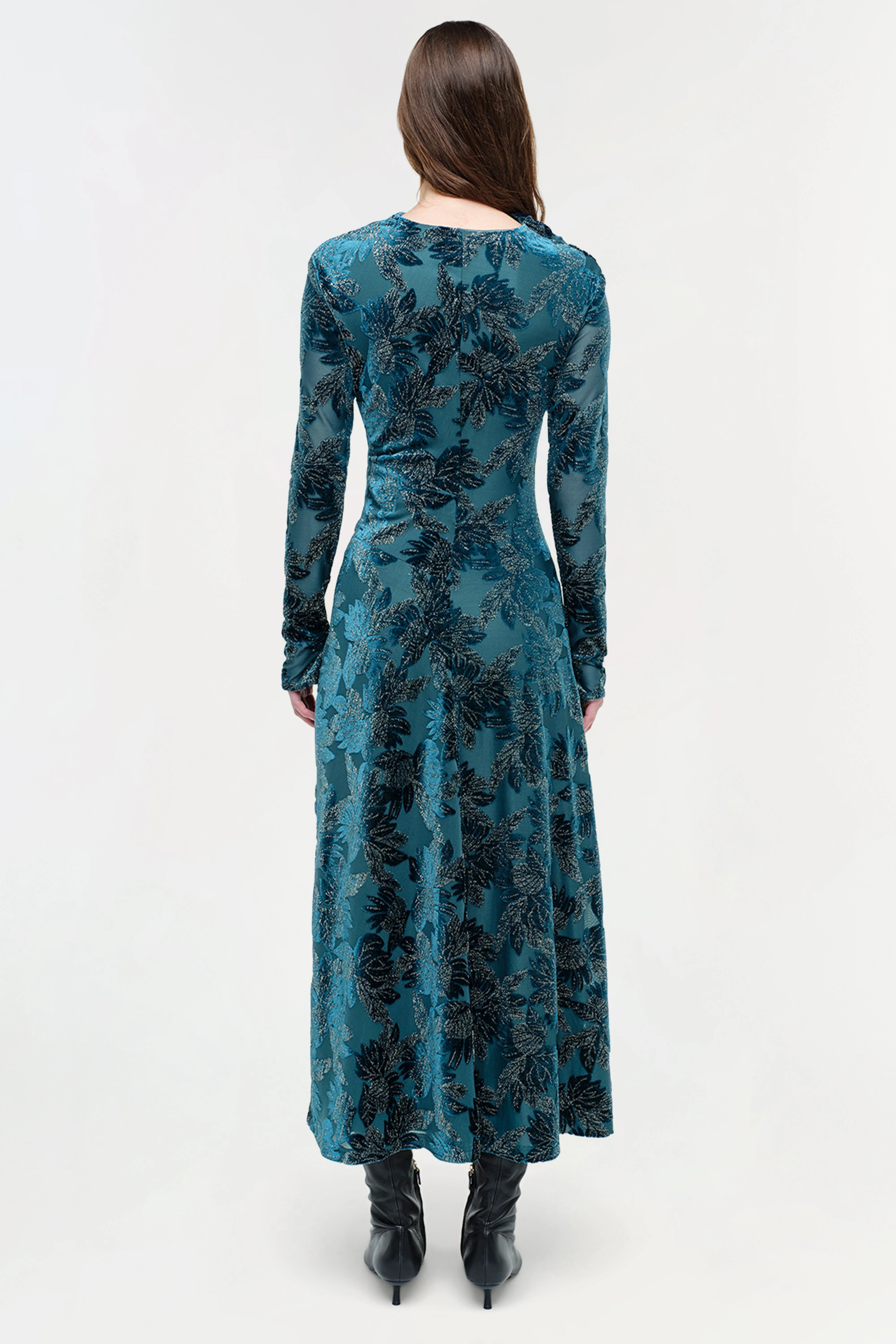 Womens | Ferrera Floral Velvet Midi Dress | Petrol - Image 4