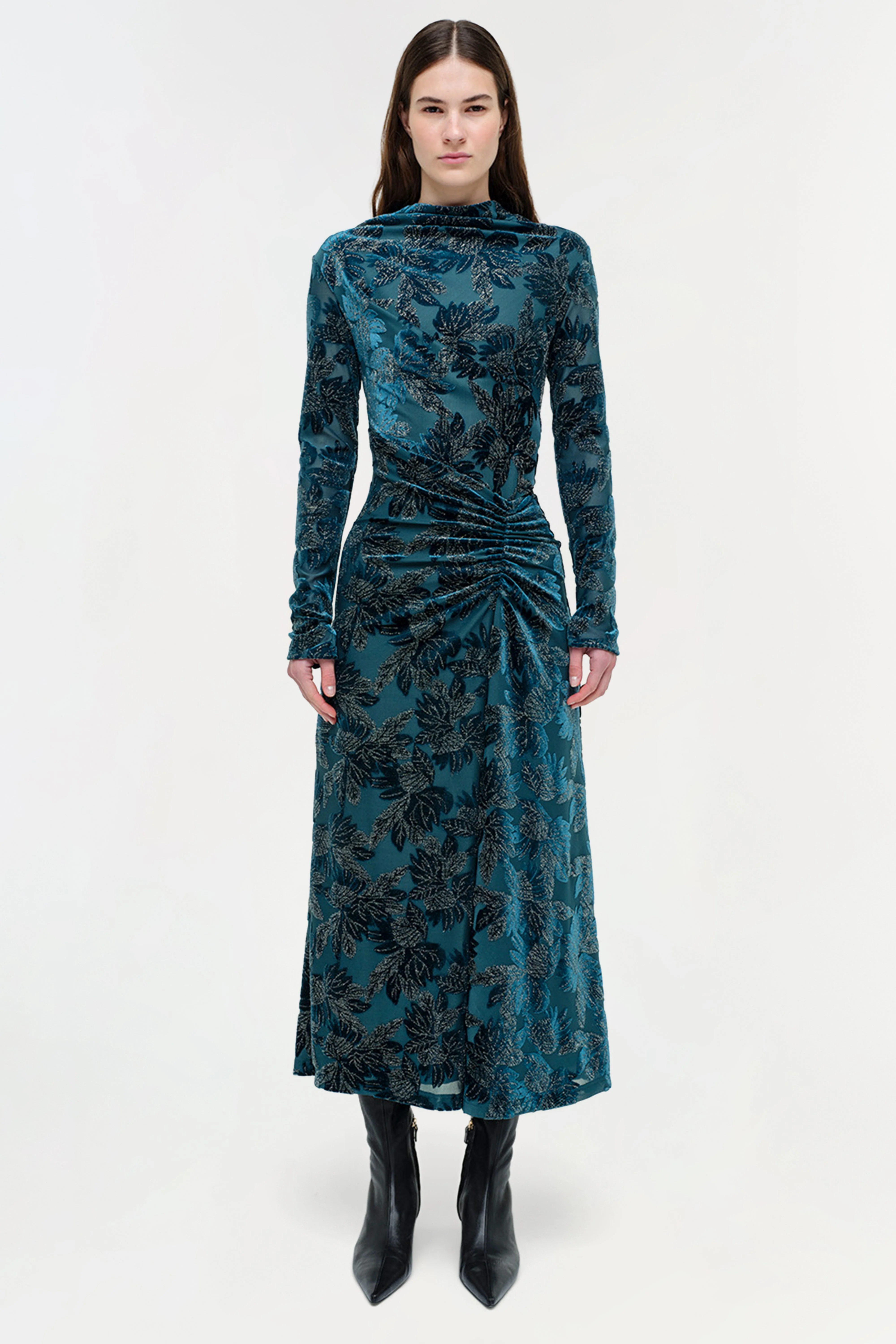 Womens | Ferrera Floral Velvet Midi Dress | Petrol - Image 5