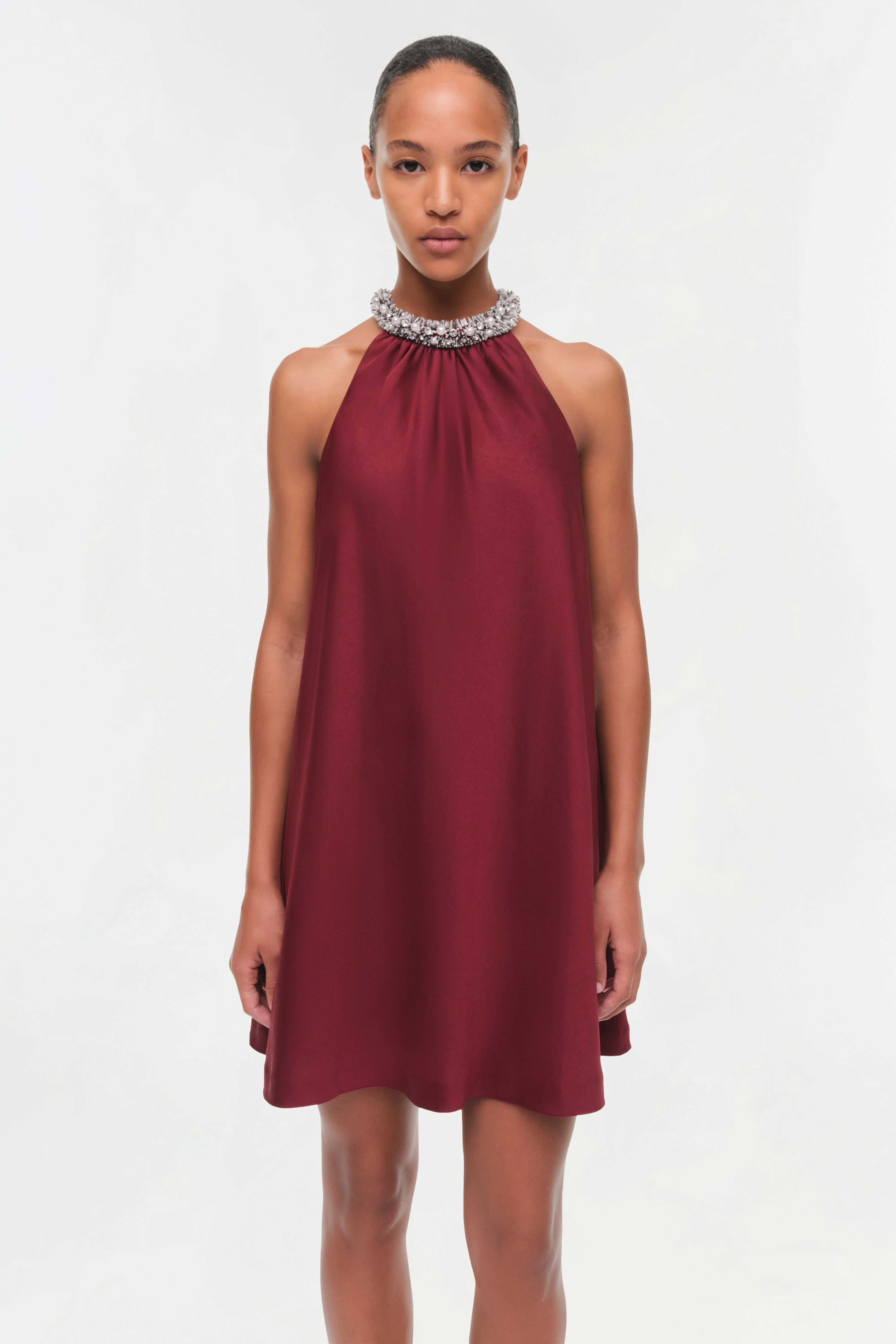 Womens | Hadleigh Satin Mini Dress | Oxblood - Image 3