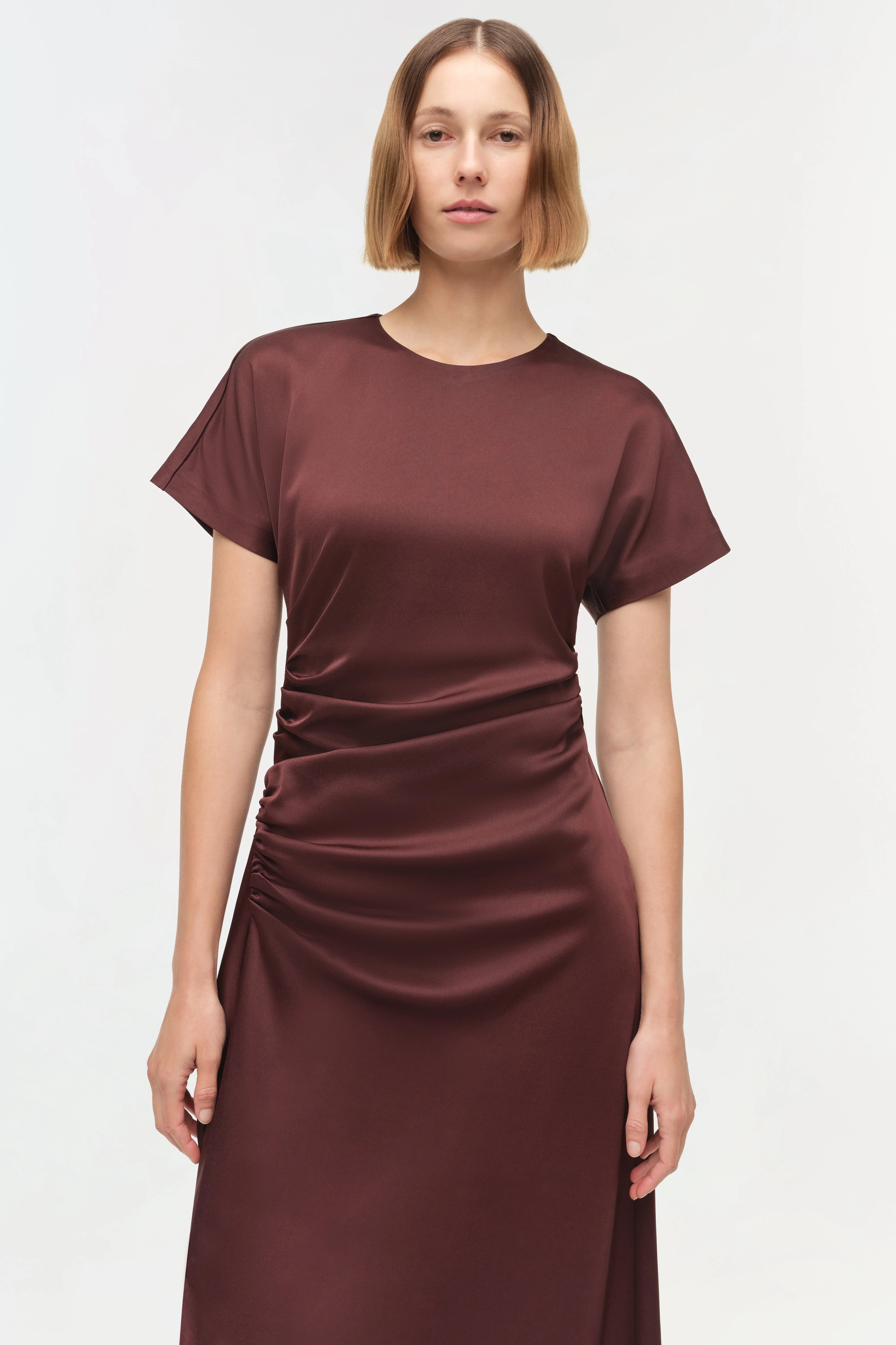 Womens | Marabella Draped Satin Midi Dress | Mahogany - Image 3