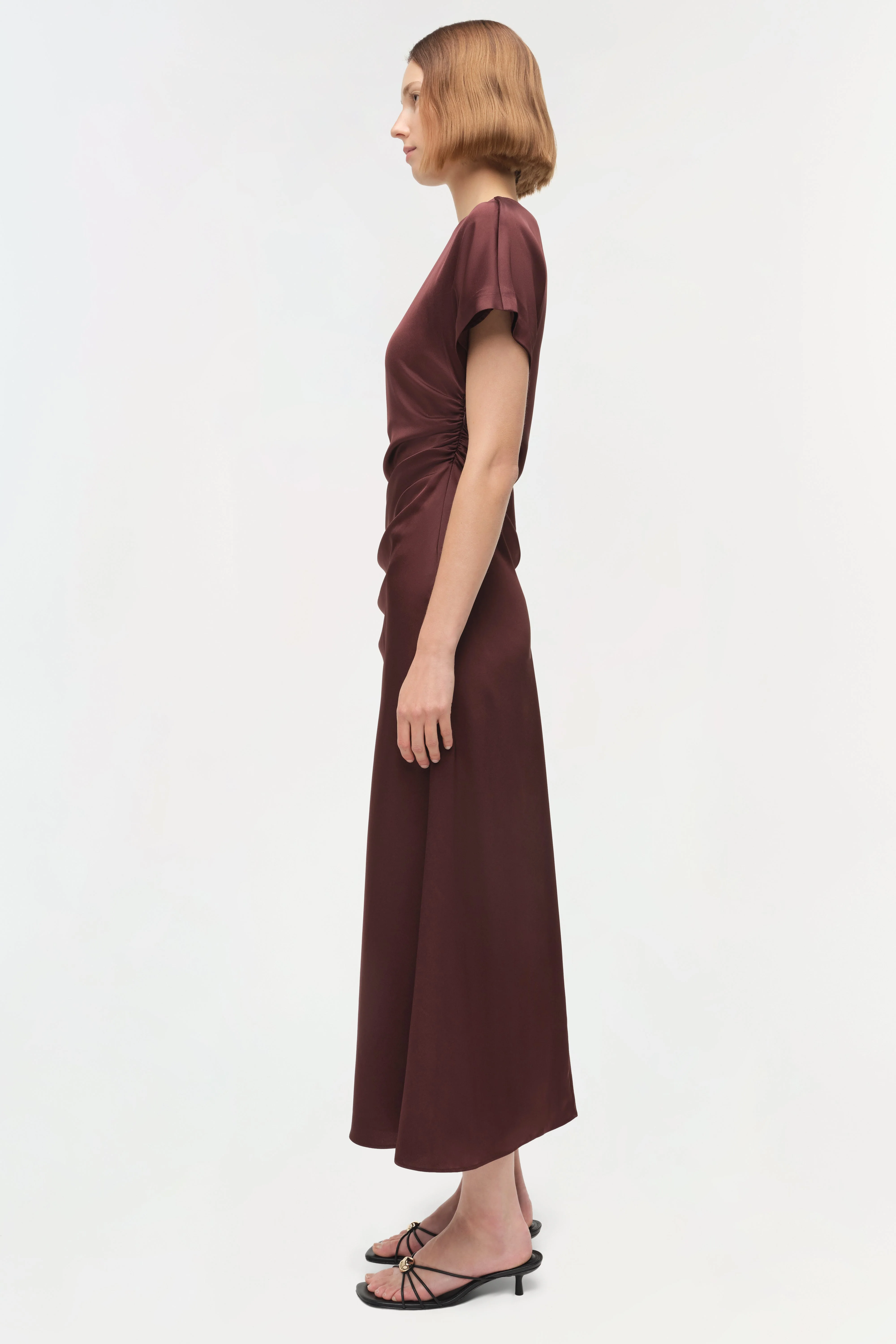 Womens | Marabella Draped Satin Midi Dress | Mahogany - Image 4