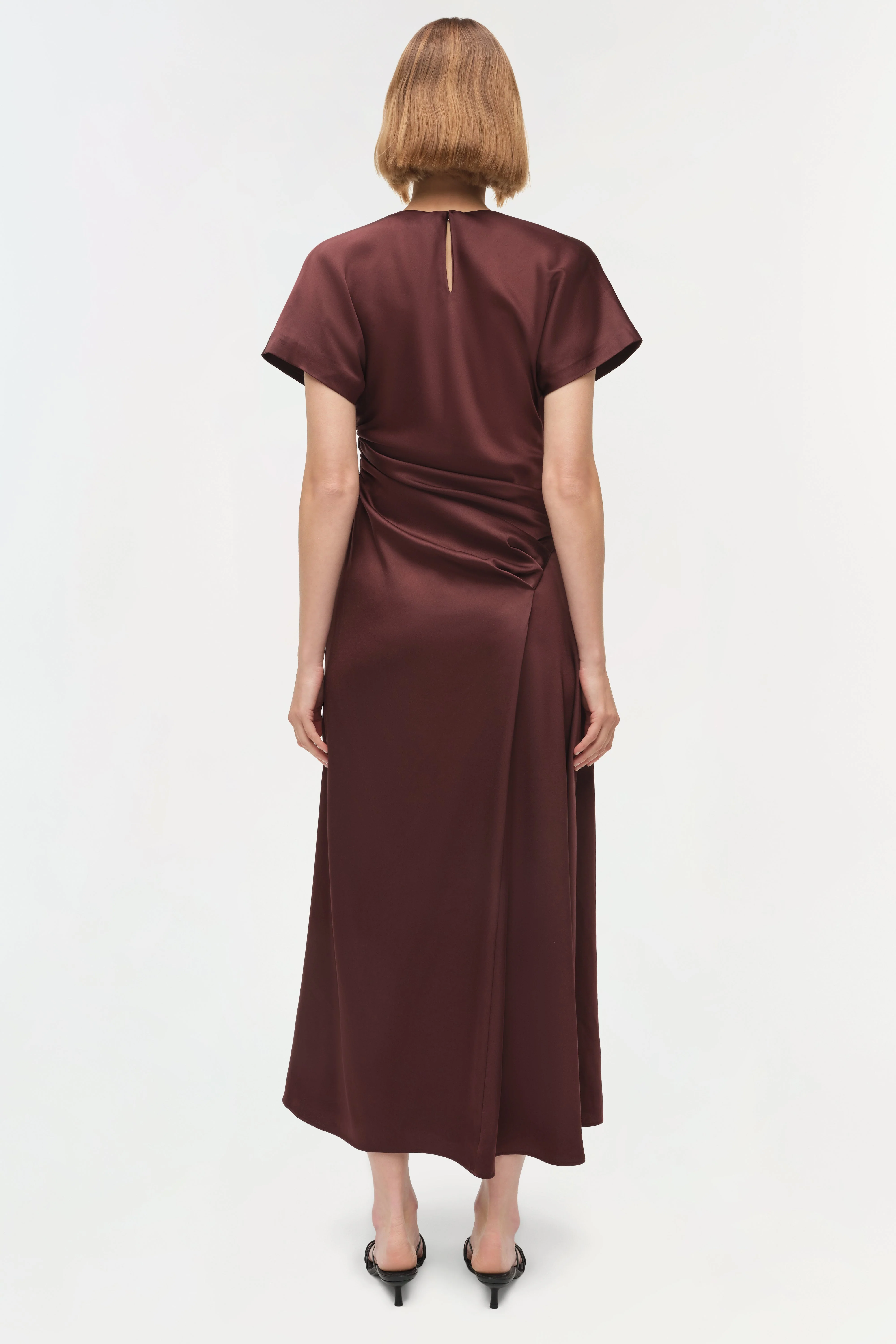 Womens | Marabella Draped Satin Midi Dress | Mahogany - Image 5