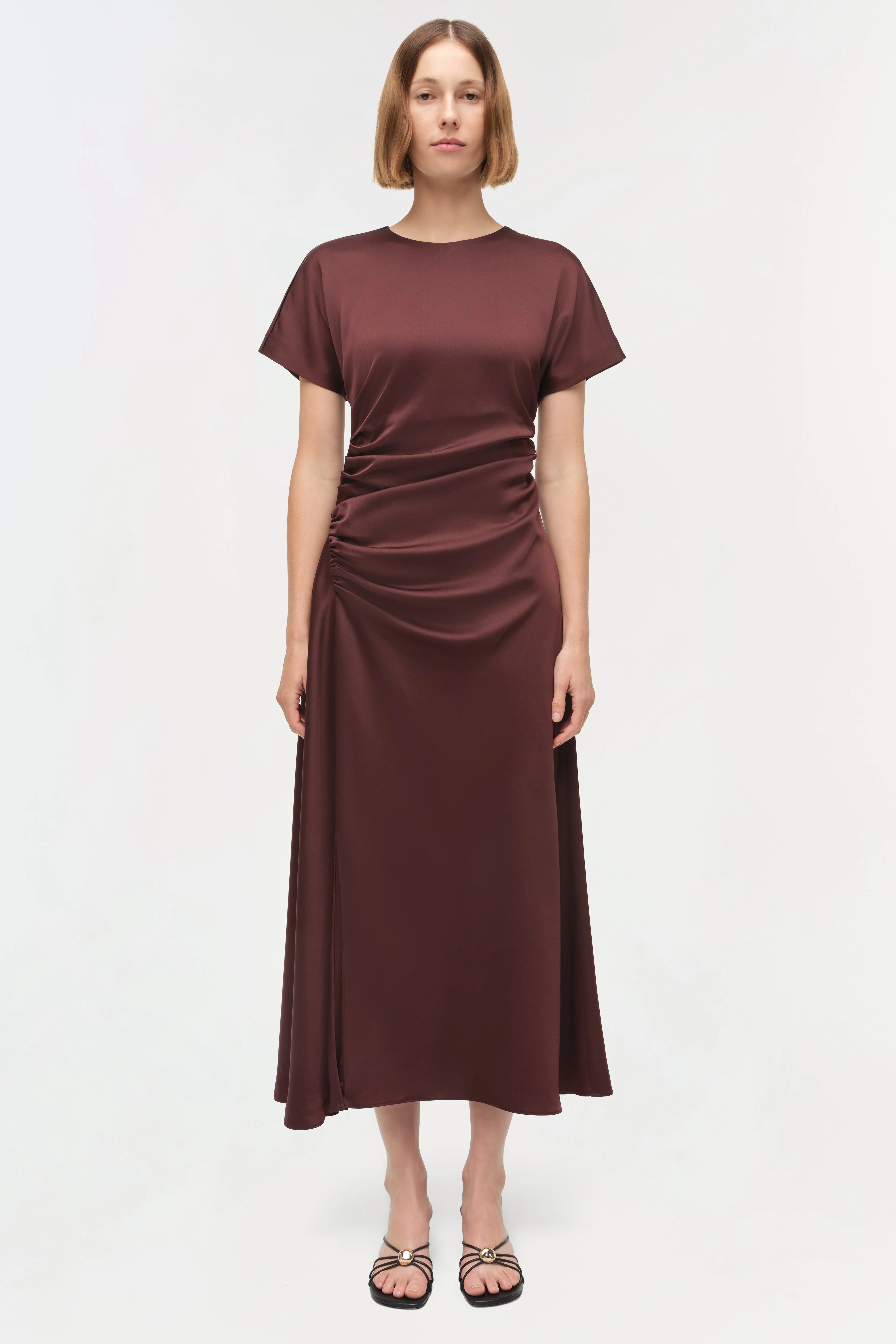 Womens | Marabella Draped Satin Midi Dress | Mahogany - Image 6