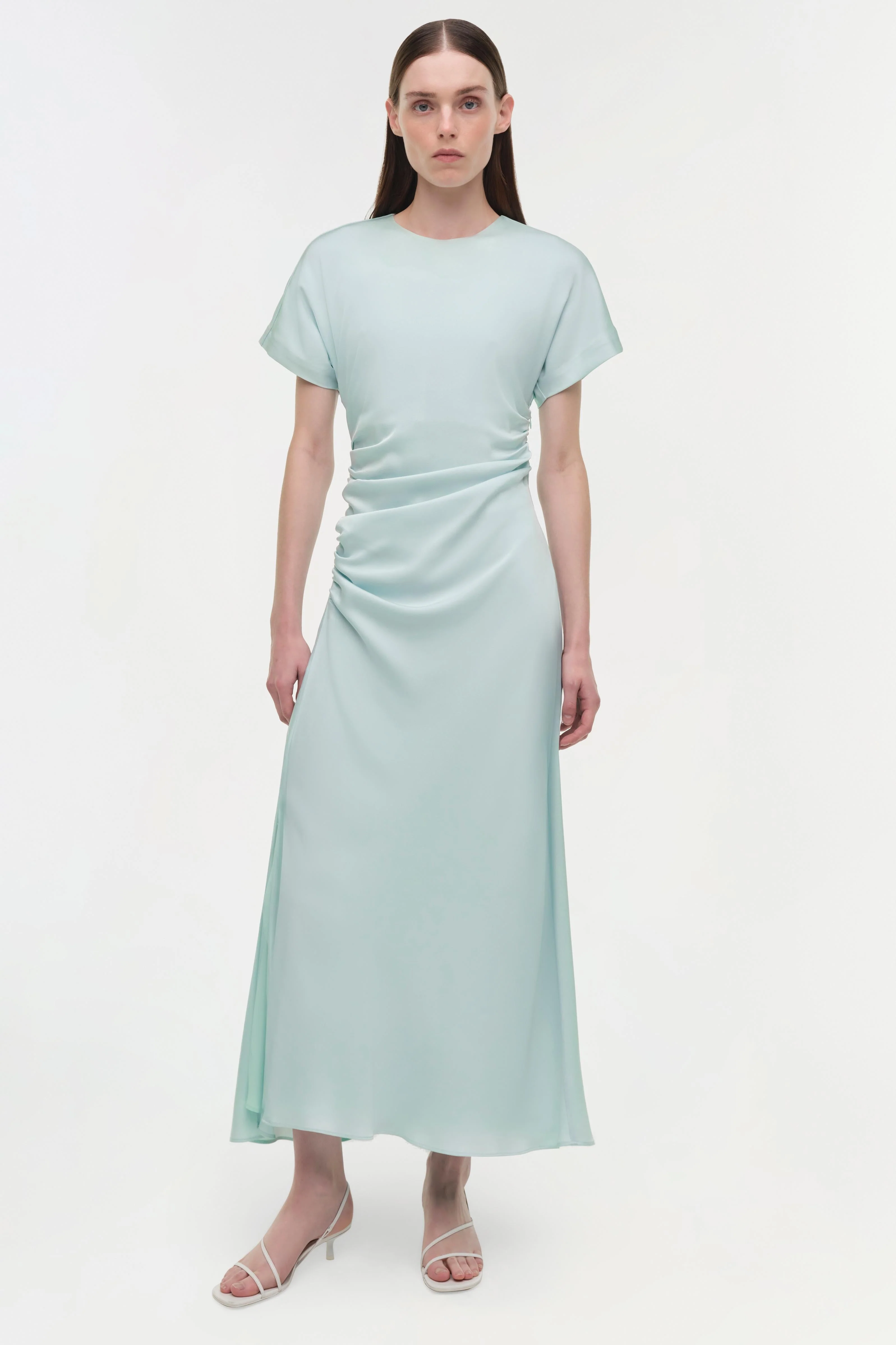 Womens | Marabella Draped Satin Midi Dress | Sky - Image 2