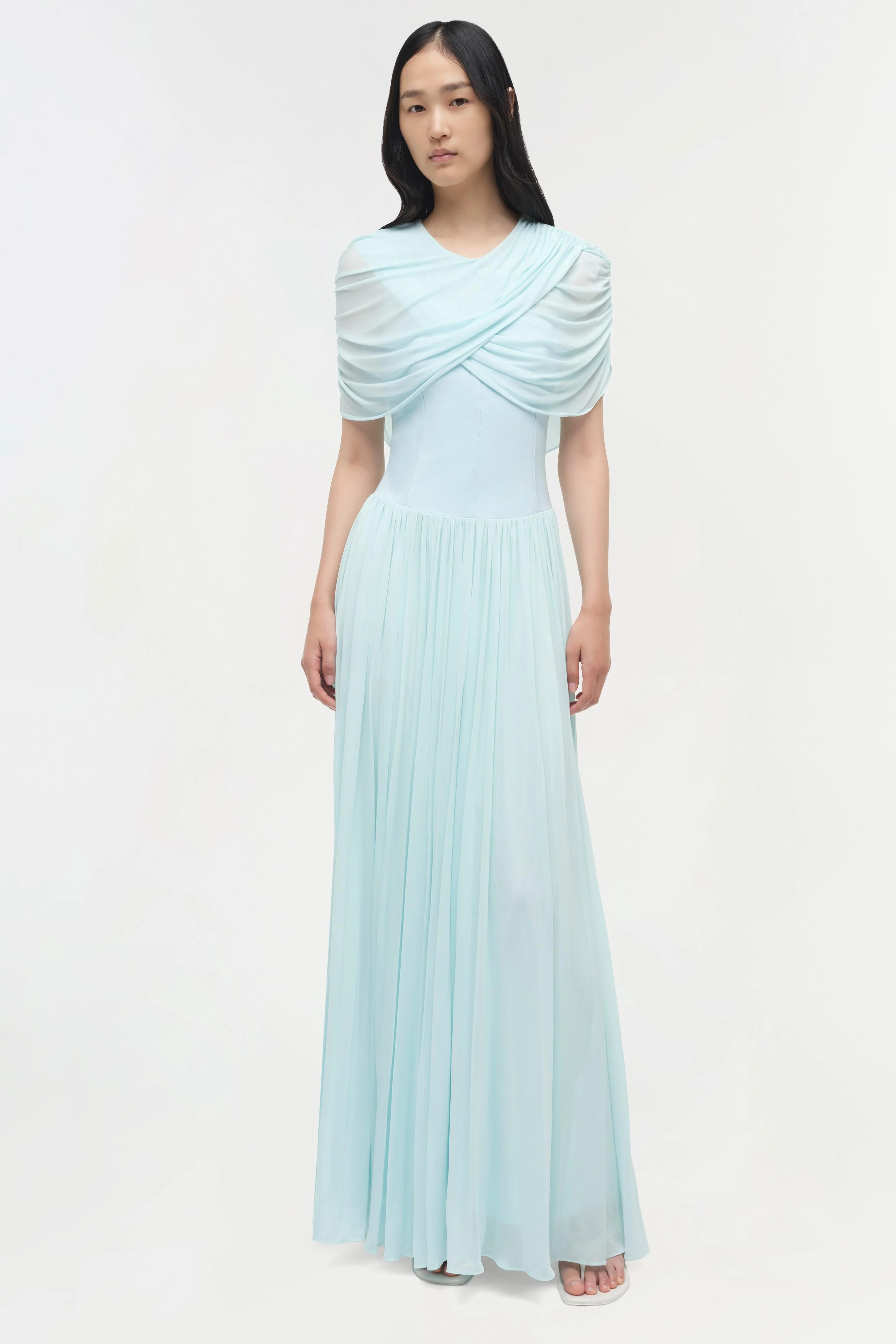 Womens | Nancie Draped Jersey Cape Maxi Dress | Sky - Image 2