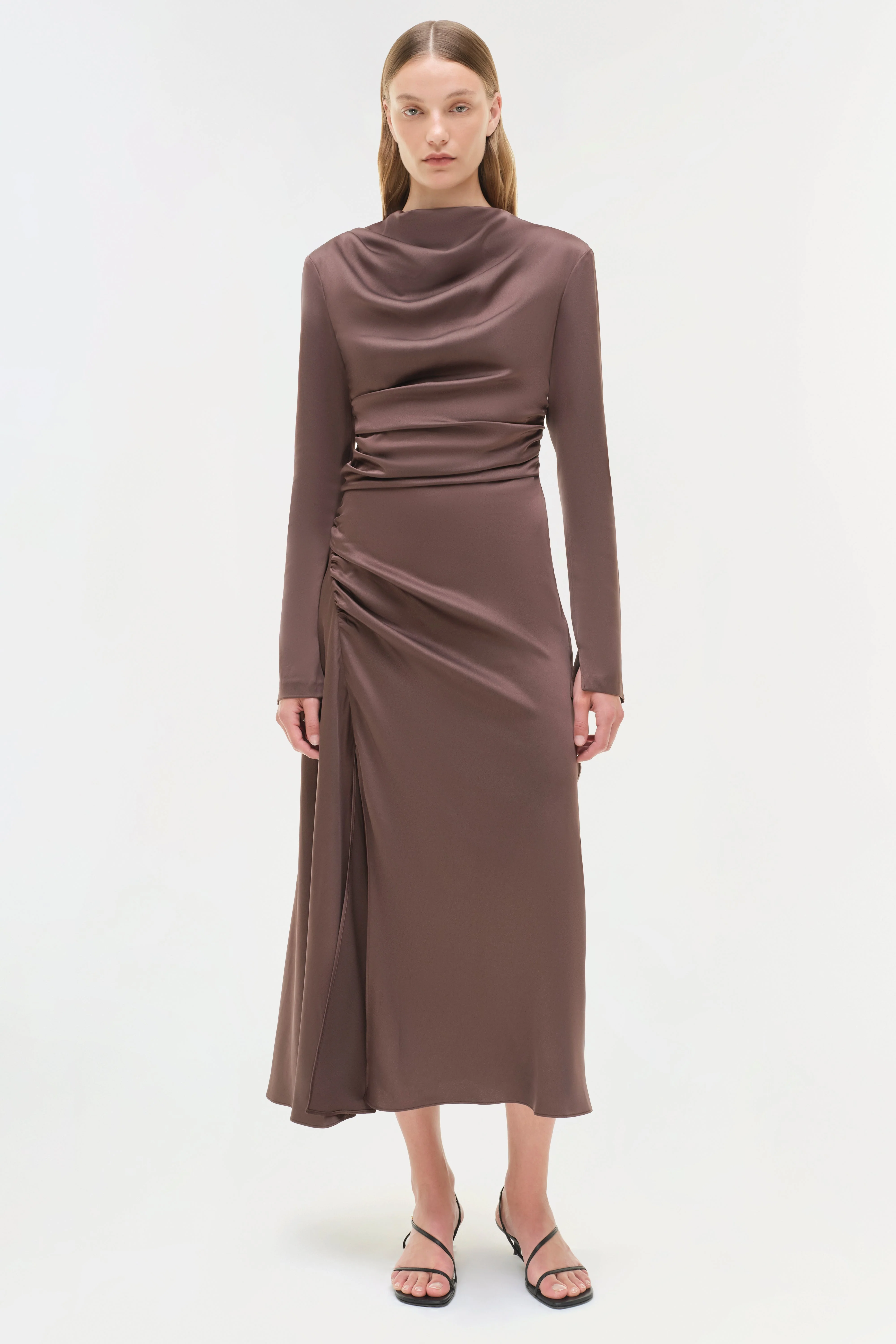 Womens | Odessa Satin Midi Dress | Chocolate - Image 2