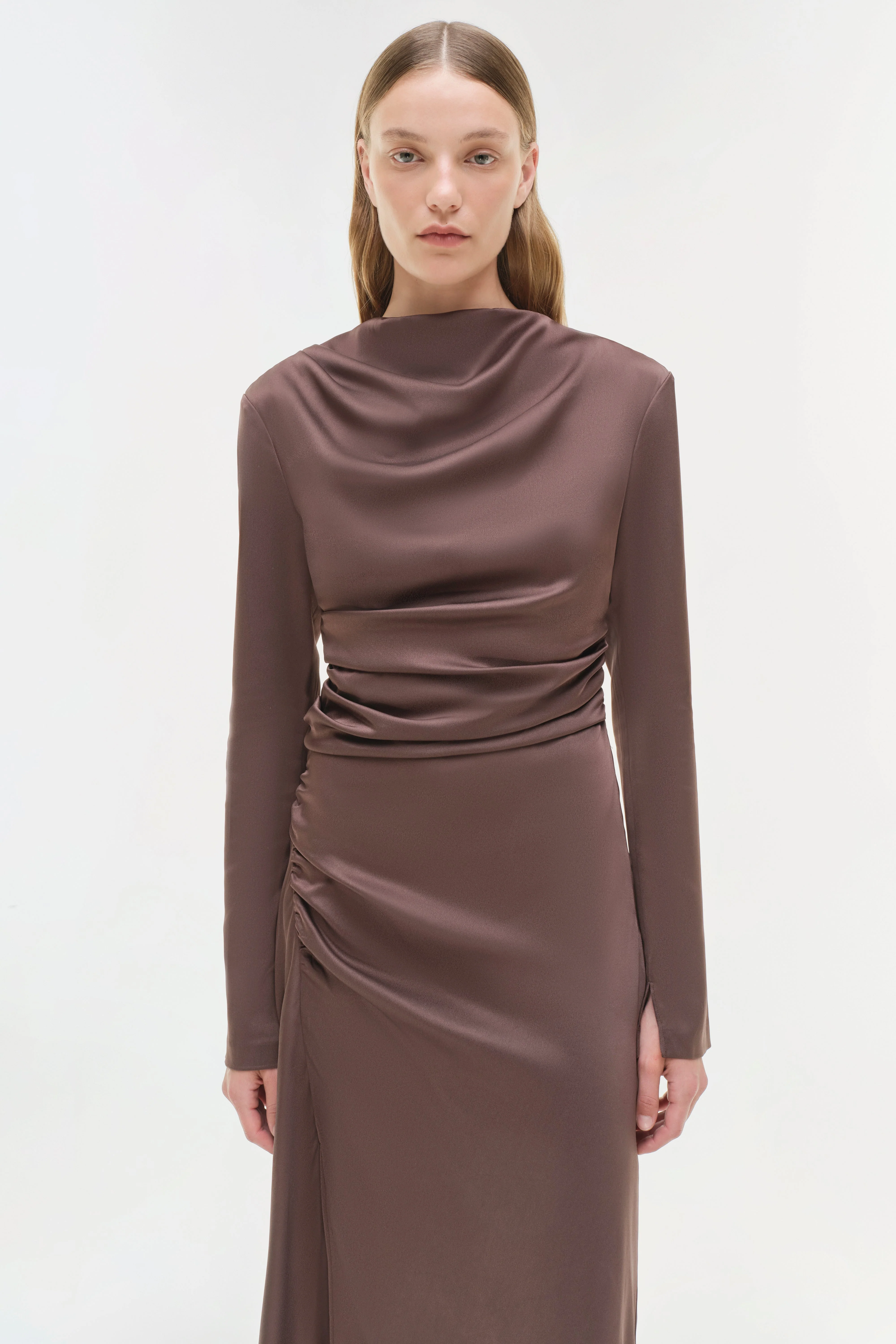 Womens | Odessa Satin Midi Dress | Chocolate - Image 3