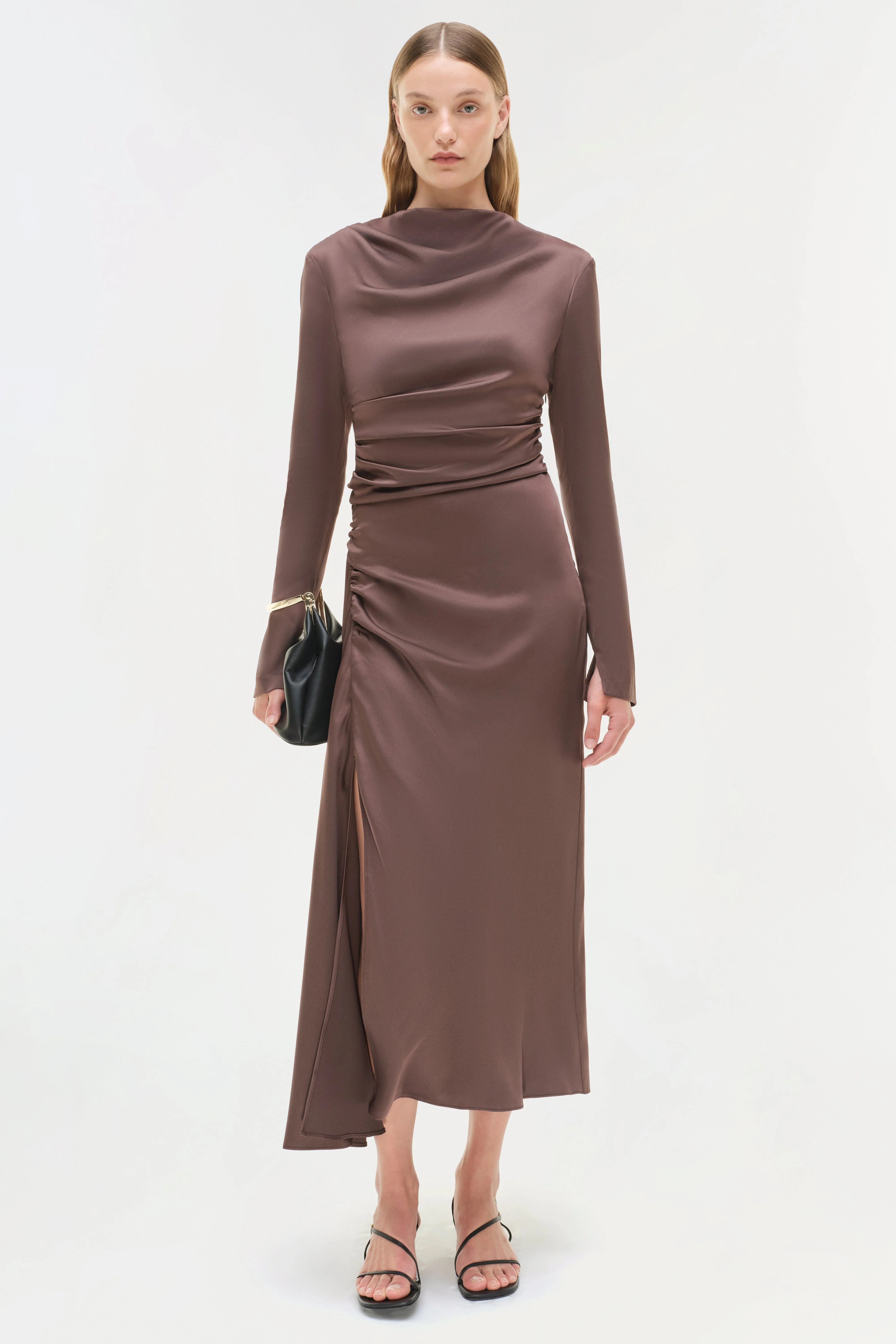 Womens | Odessa Satin Midi Dress | Chocolate - Image 4