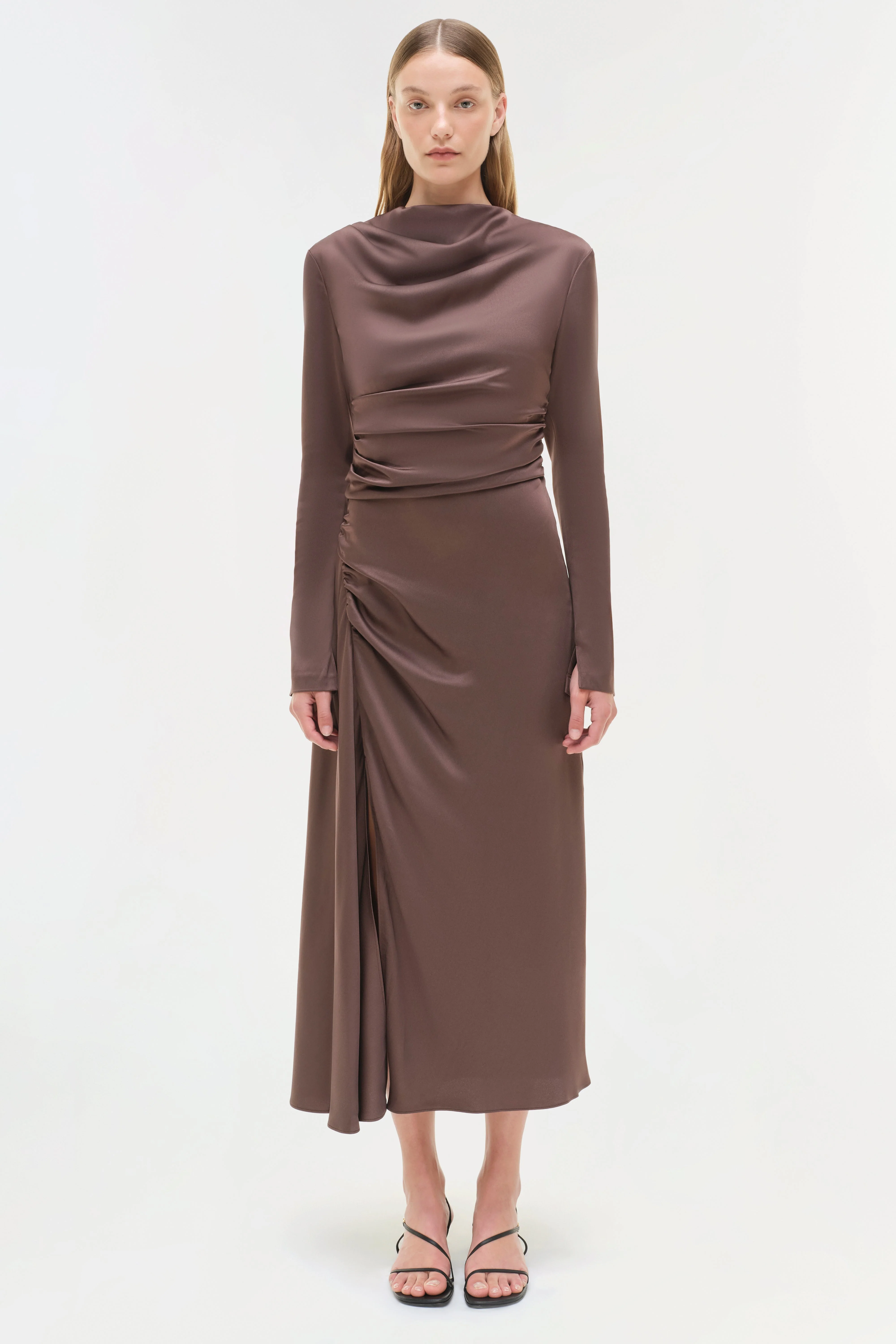 Womens | Odessa Satin Midi Dress | Chocolate - Image 7