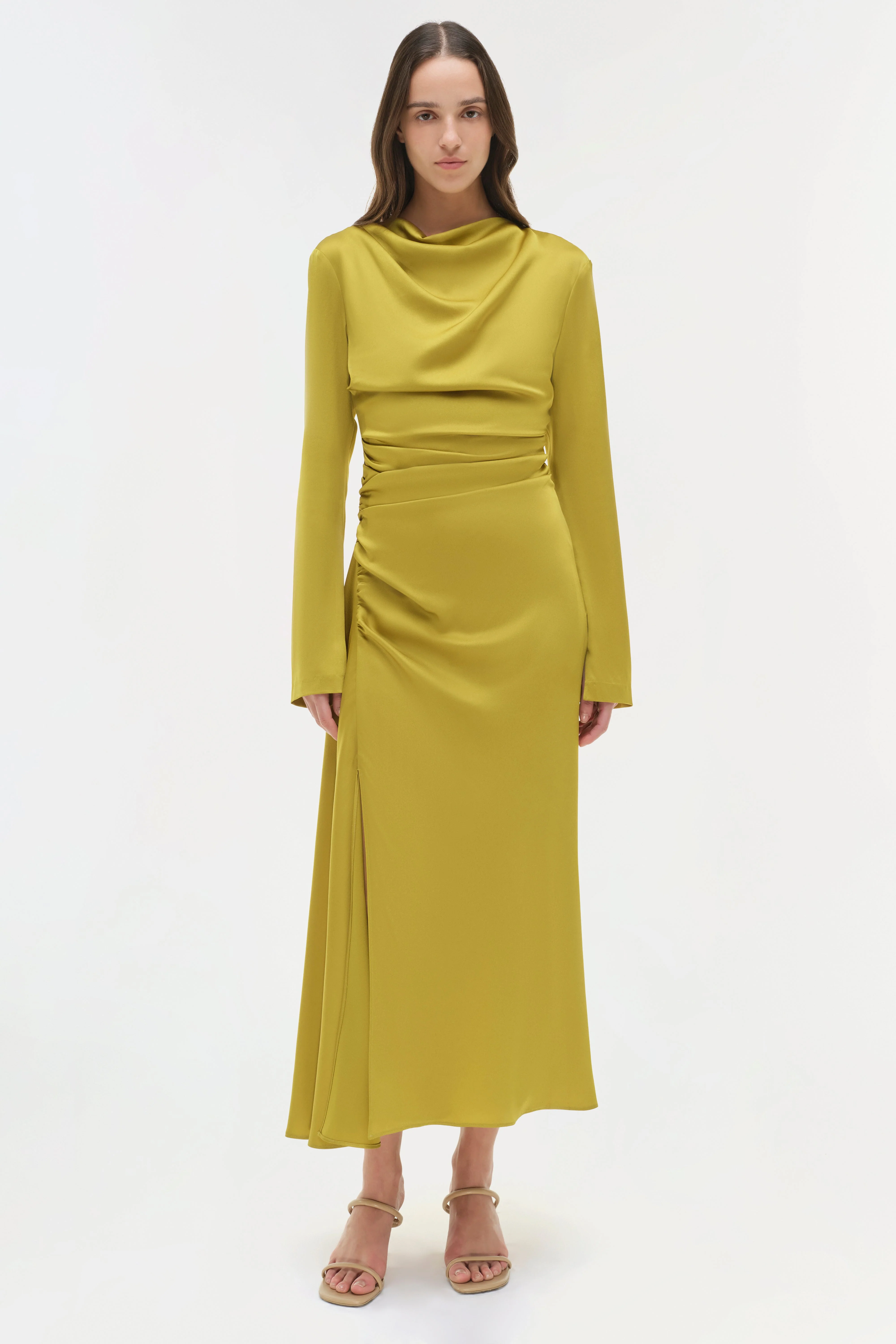 Womens | Odessa Satin Midi Dress | Pear - Image 2