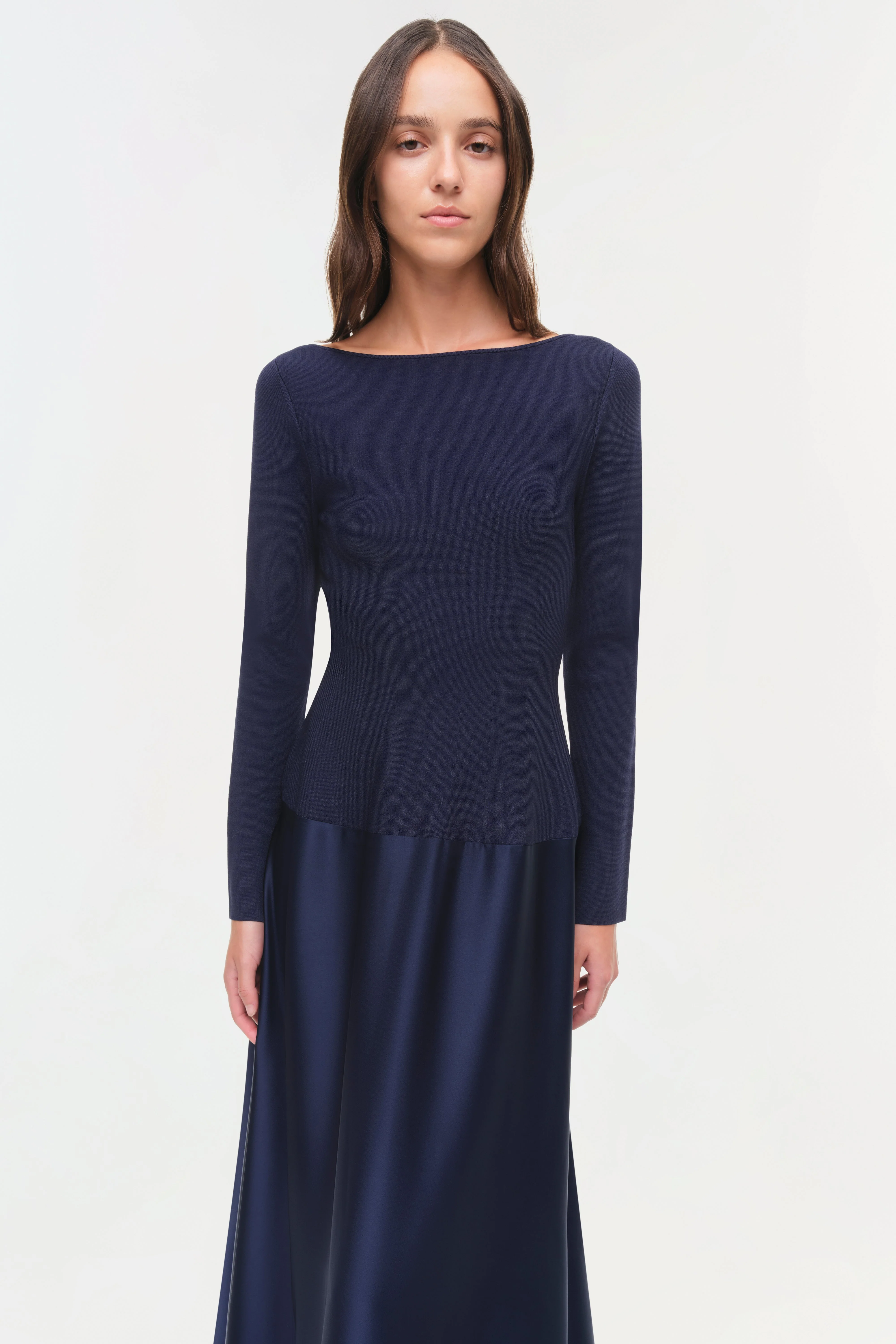 Womens | Paola Satin Knit Gown | Midnight - Image 3
