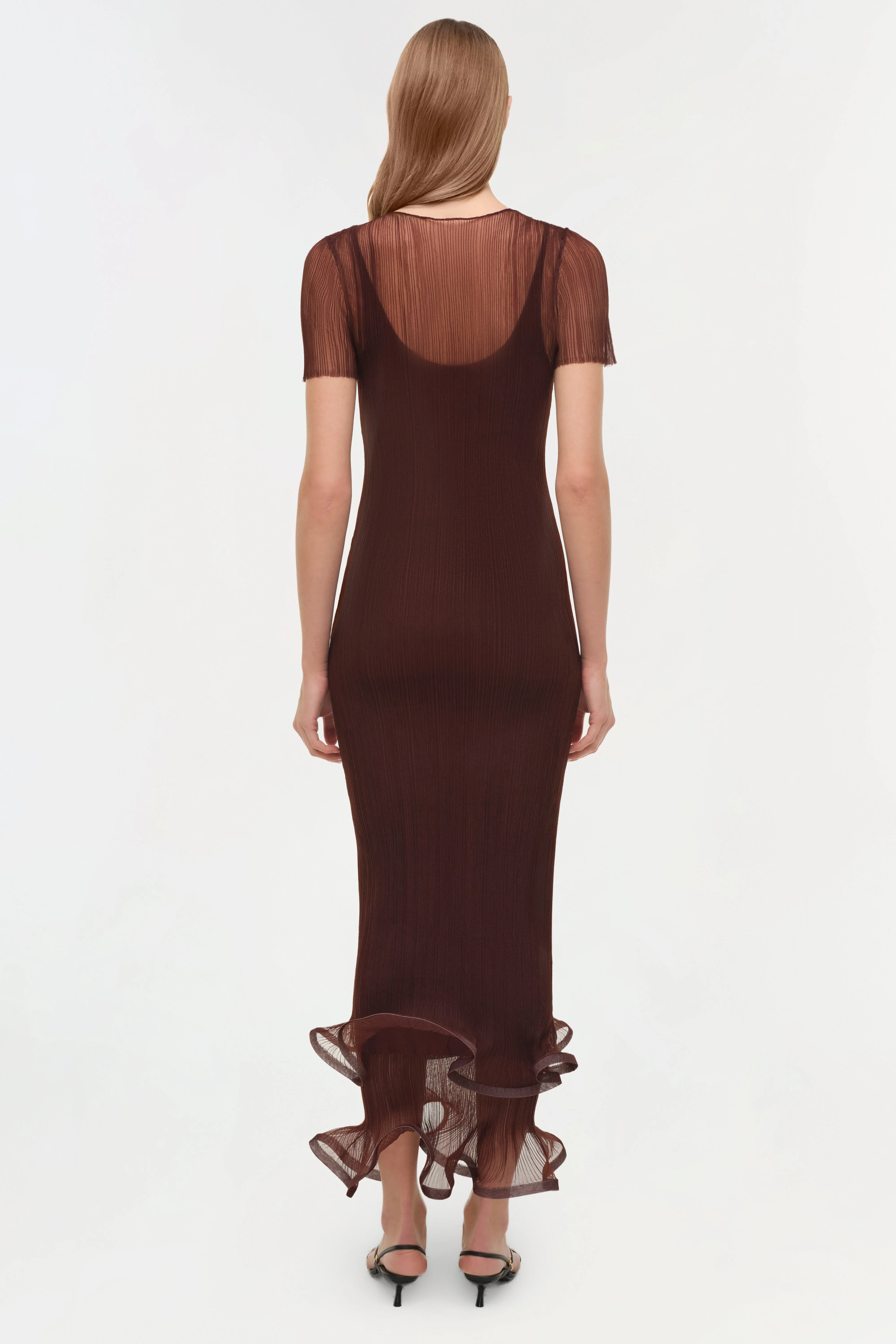 Womens | Selena Sheer Plisse Midi Dress | Mahogany - Image 5