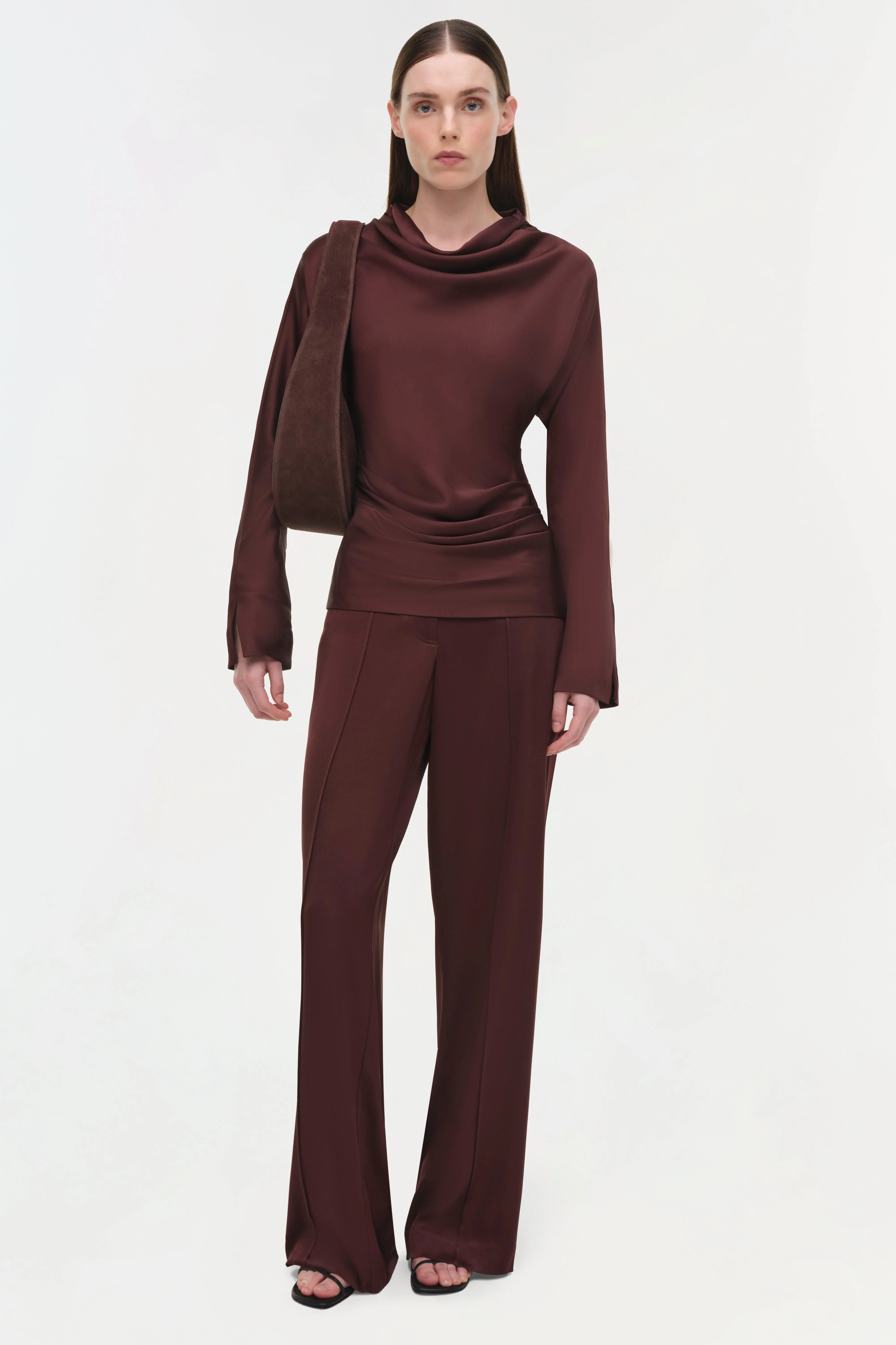 Womens | Victoria Draped Satin Top | Mahogany - Image 3