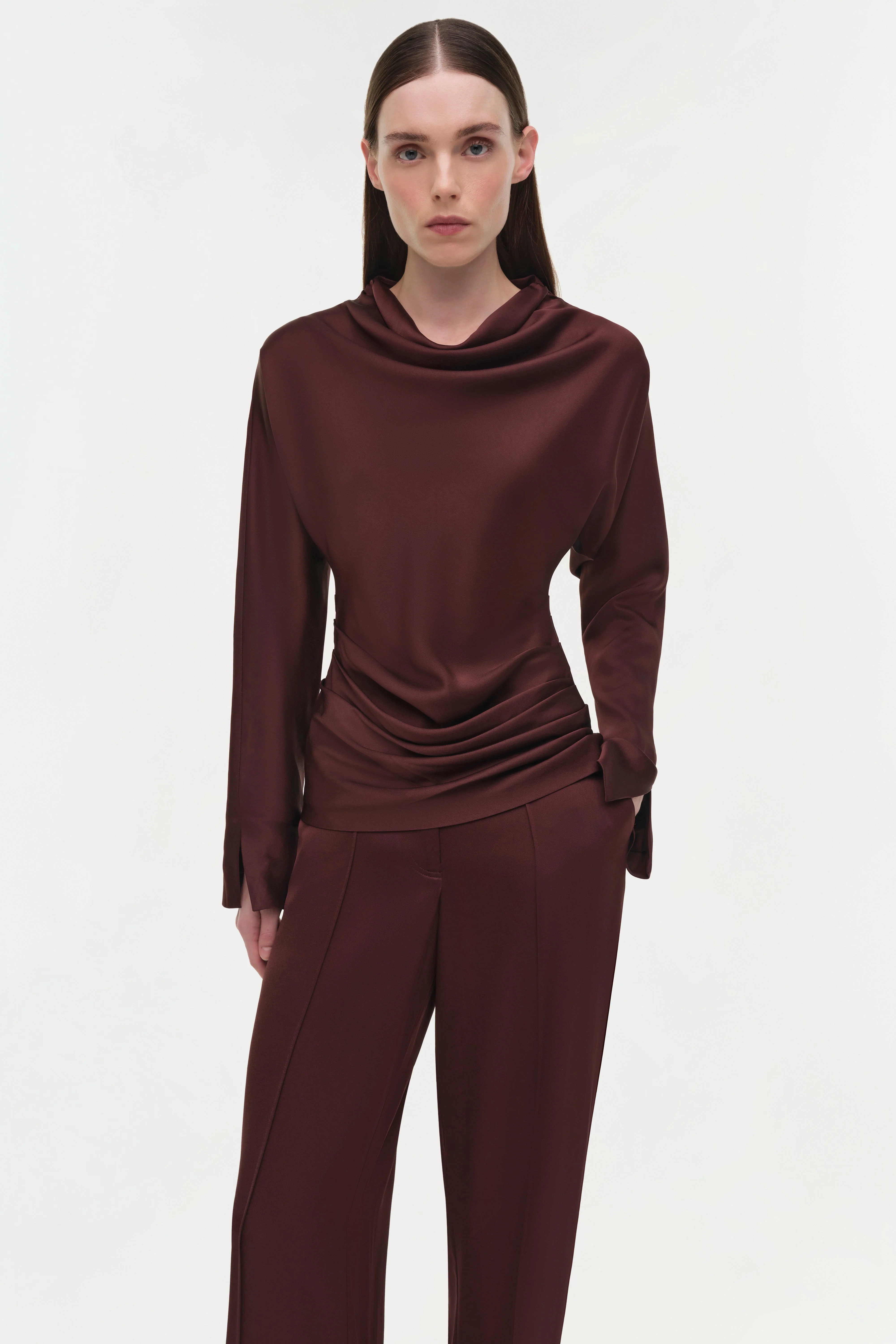 Womens | Victoria Draped Satin Top | Mahogany - Image 4