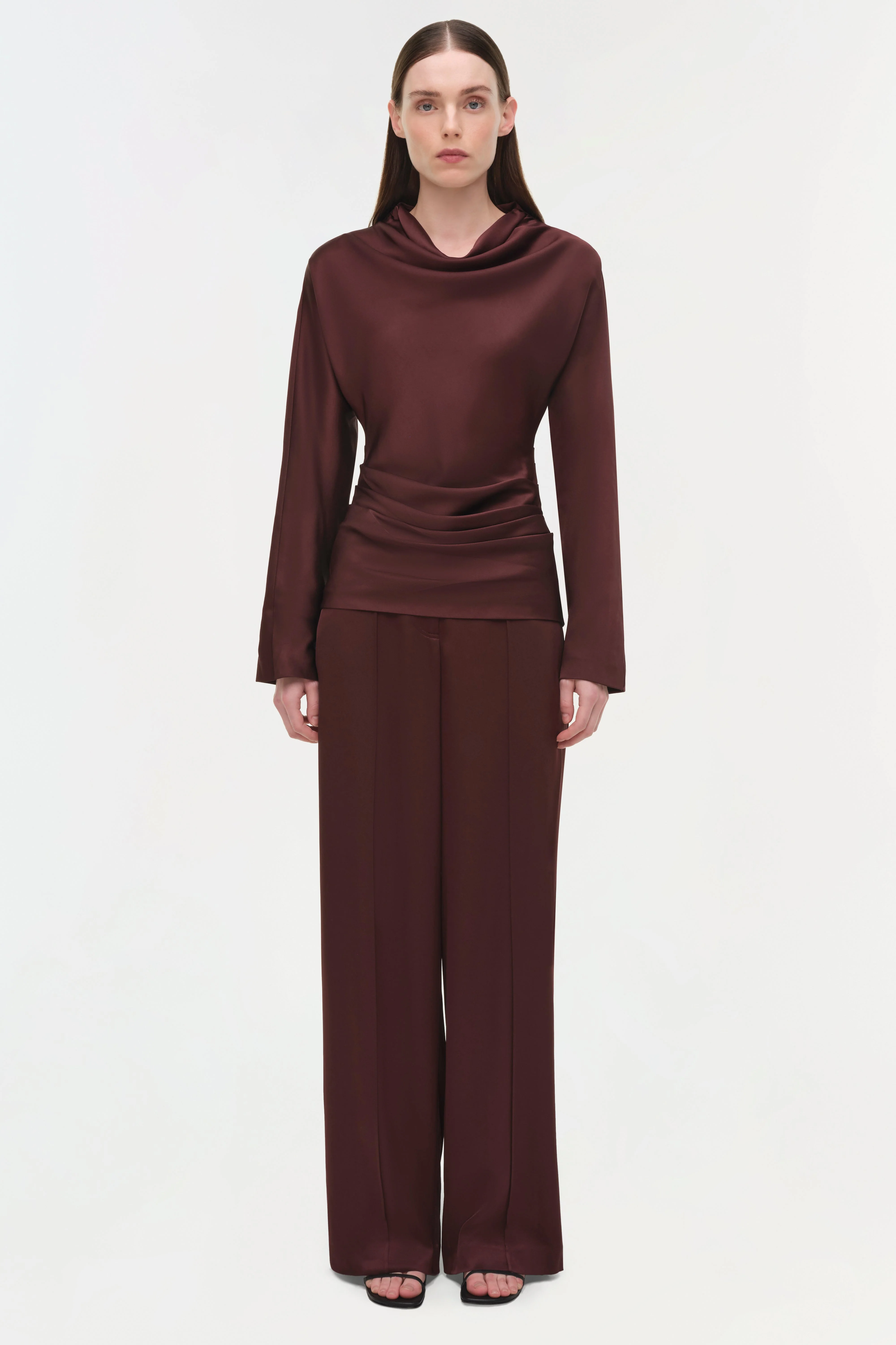 Womens | Victoria Draped Satin Top | Mahogany - Image 7