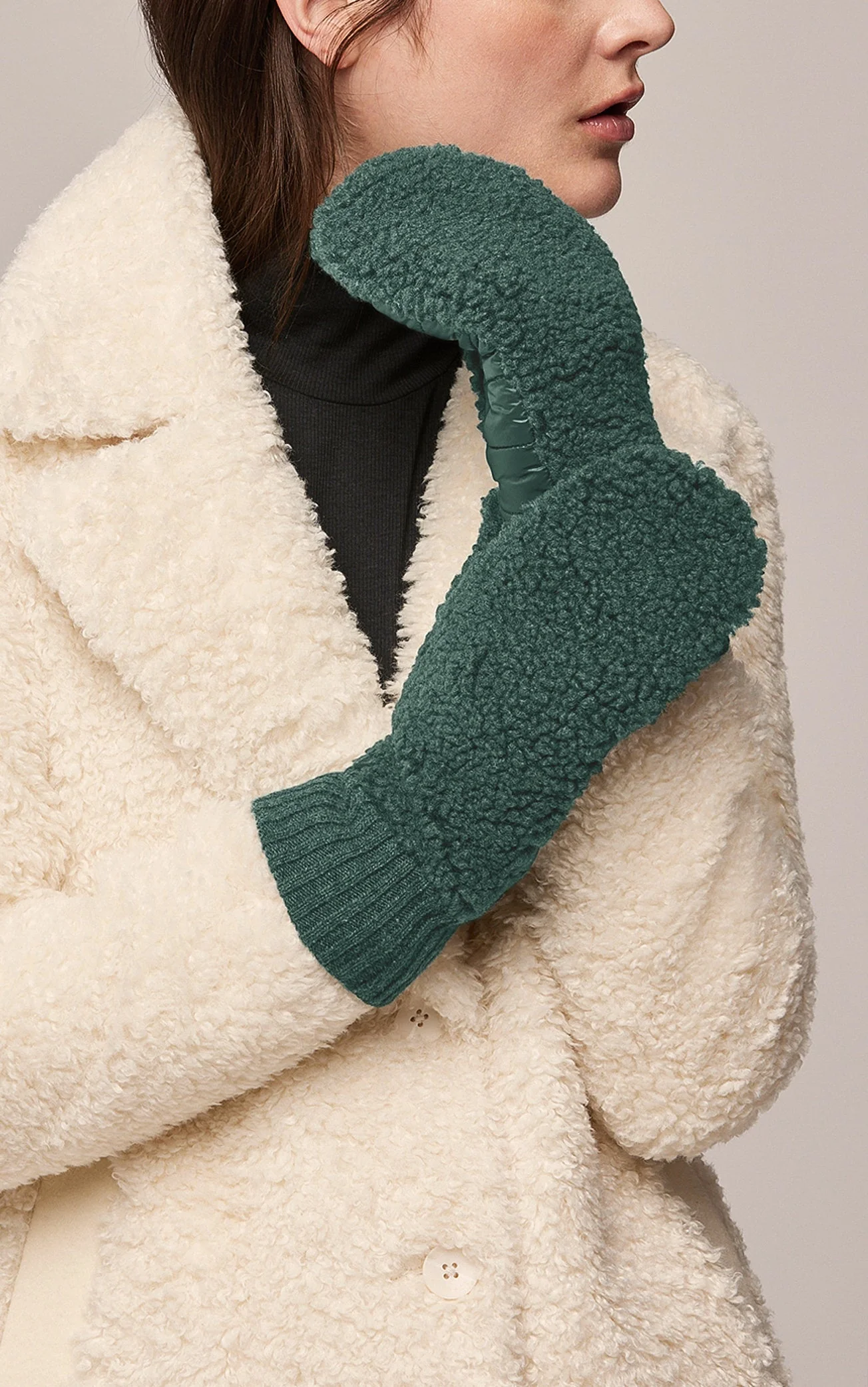 Alina Sustainable Faux Sherpa Puffer Mittens | Spruce - Image 2