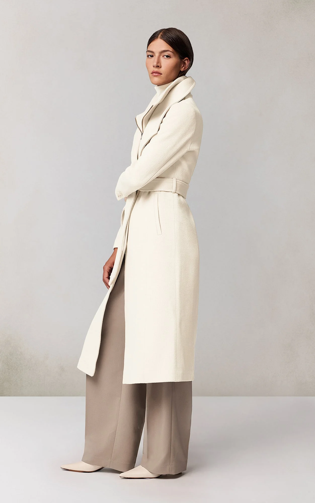 Ilana-U Belted Coat With Bib In Wool | Powder - Image 3