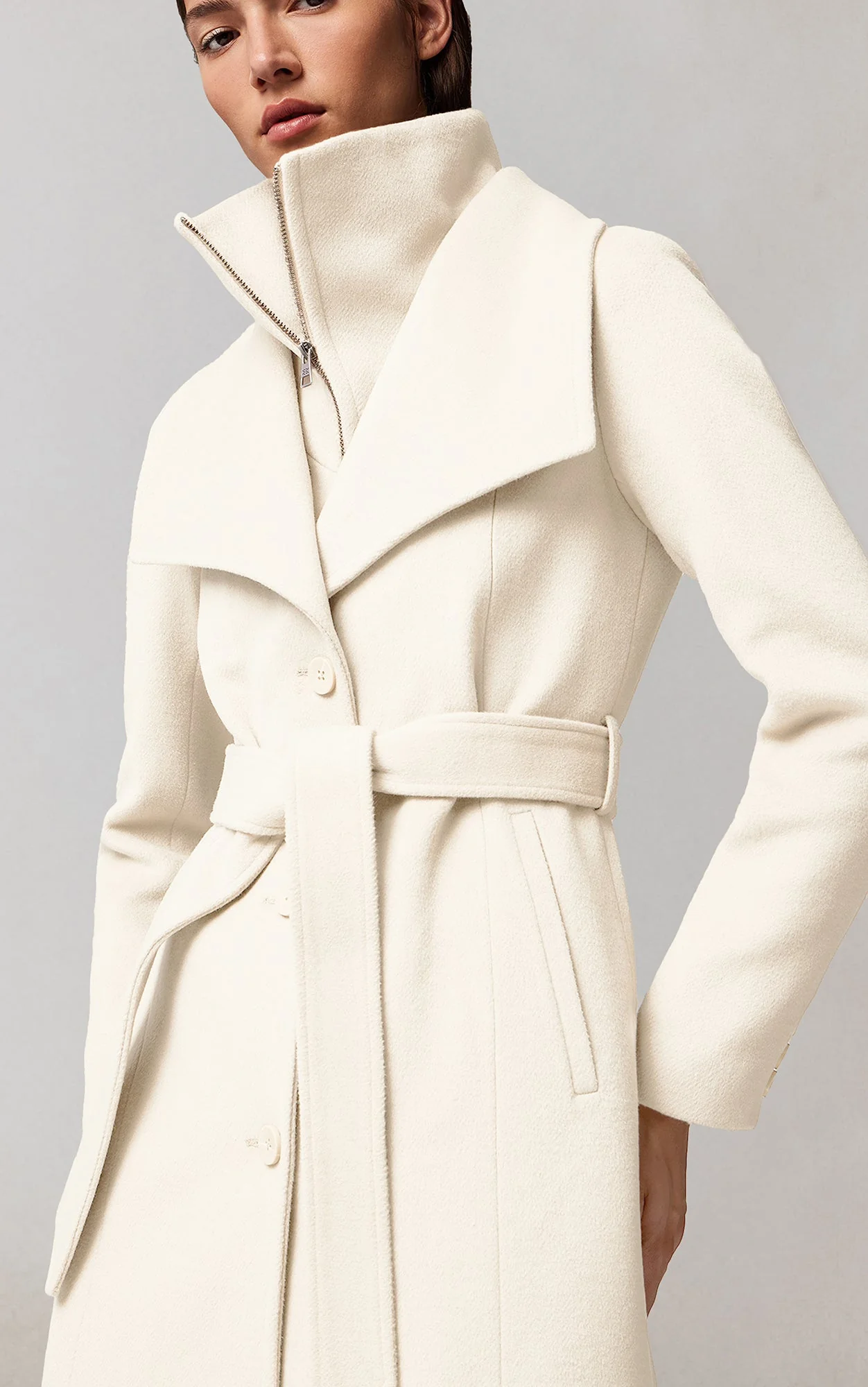 Ilana-U Belted Coat With Bib In Wool | Powder - Image 4