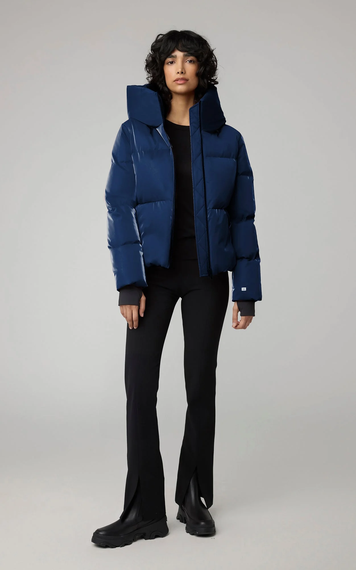 Iroh Relaxed-Fit Velvet Shine Down Coat With Hood | Lapis - Image 3